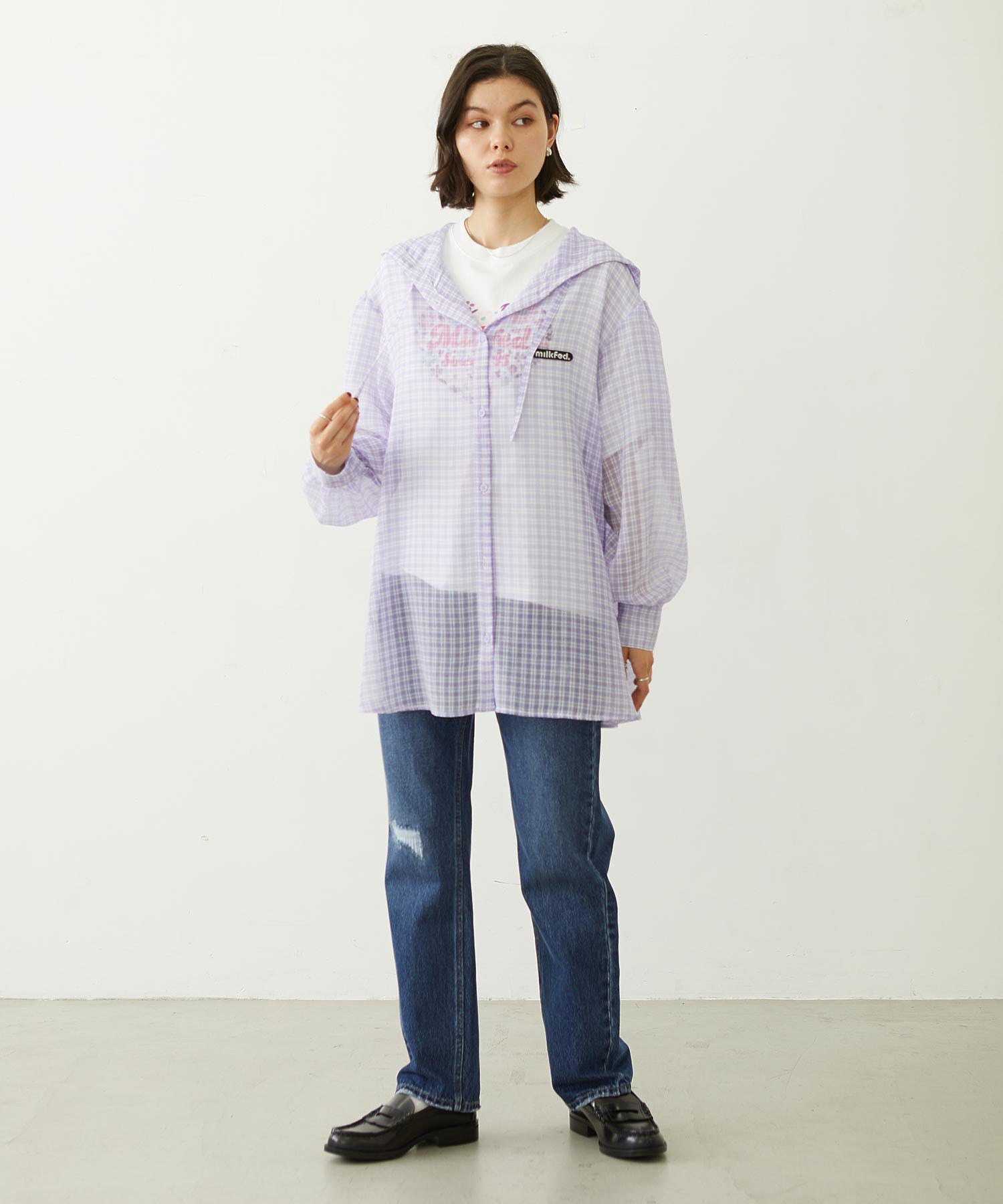 SHEER PLAID HOODED TOP