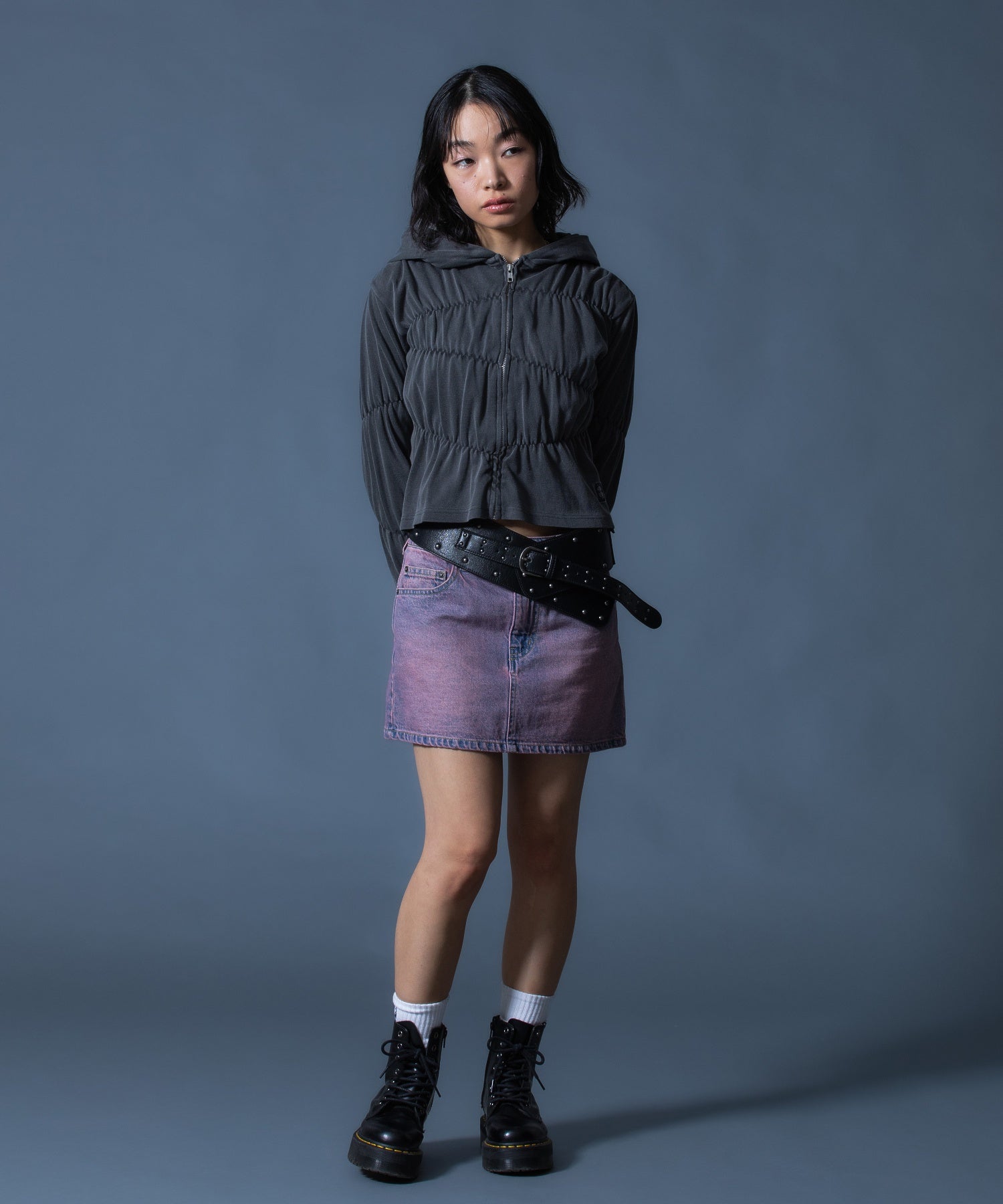 FADED SHIRRED COMPACT ZIP UP HOODIE