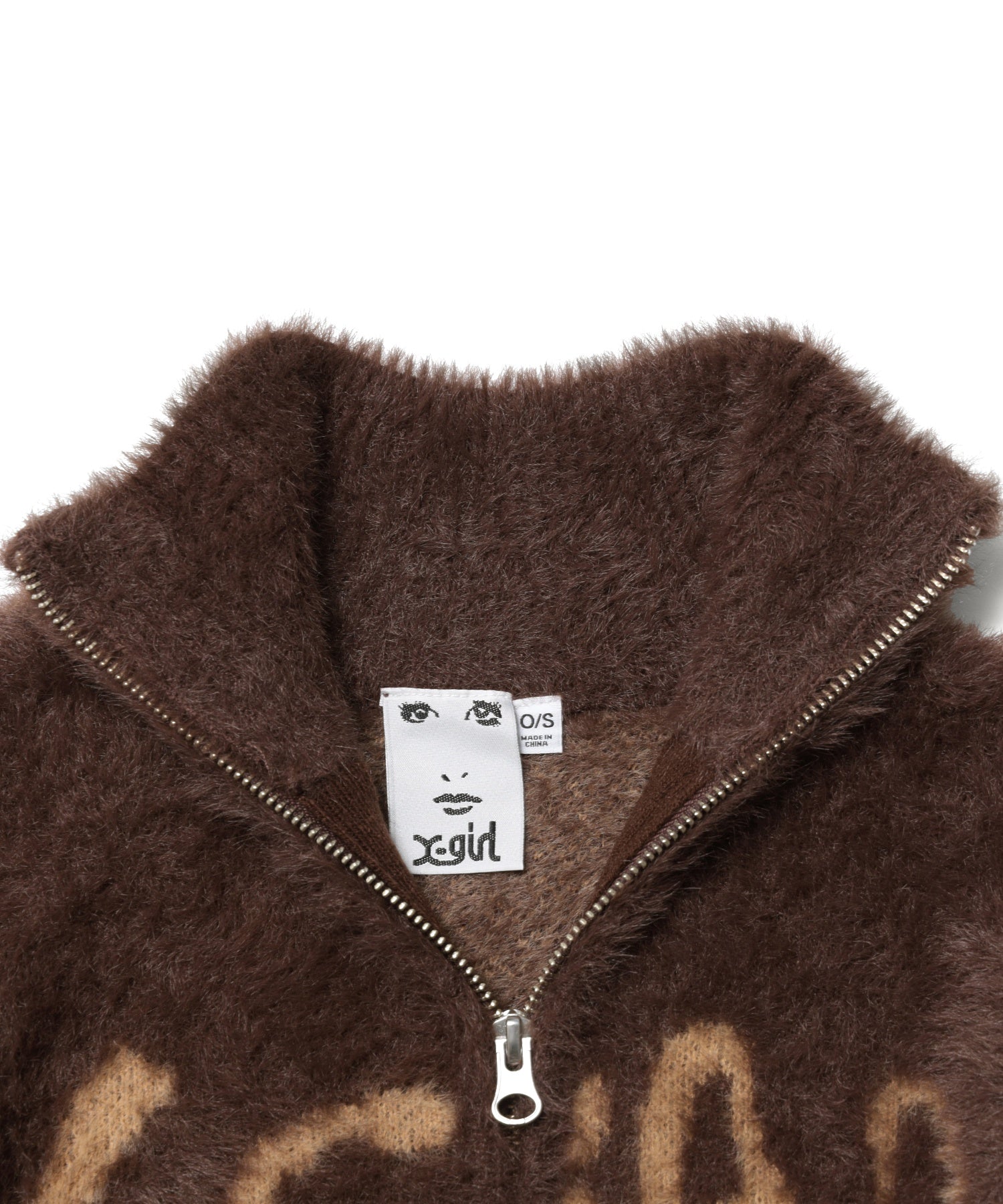 LOGO JACQUARD ZIP UP SHAGGY KNIT TOP