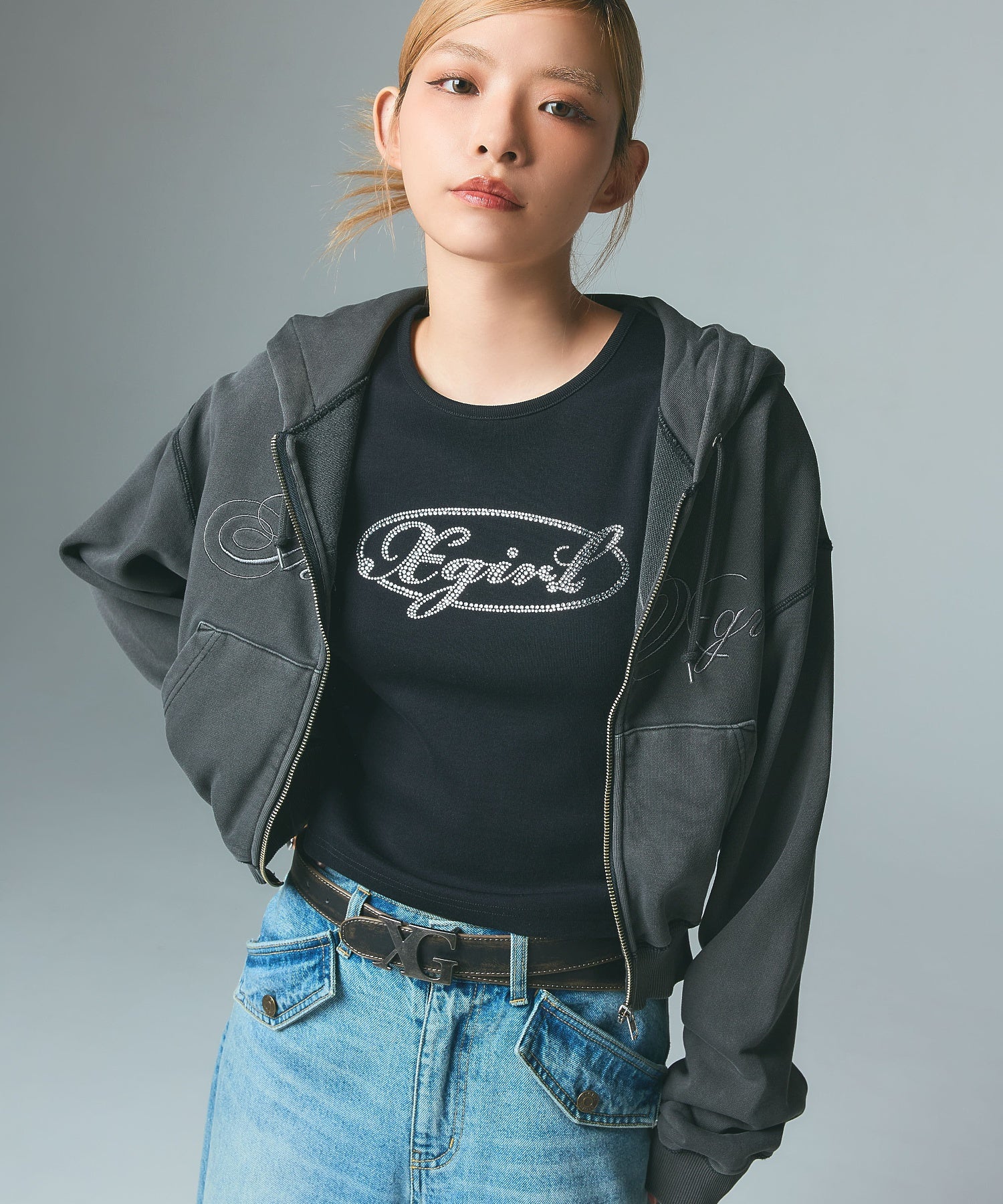 PIGMENT DYED SCRIPT LOGO COMPACT ZIP UP SWEAT HOODIE