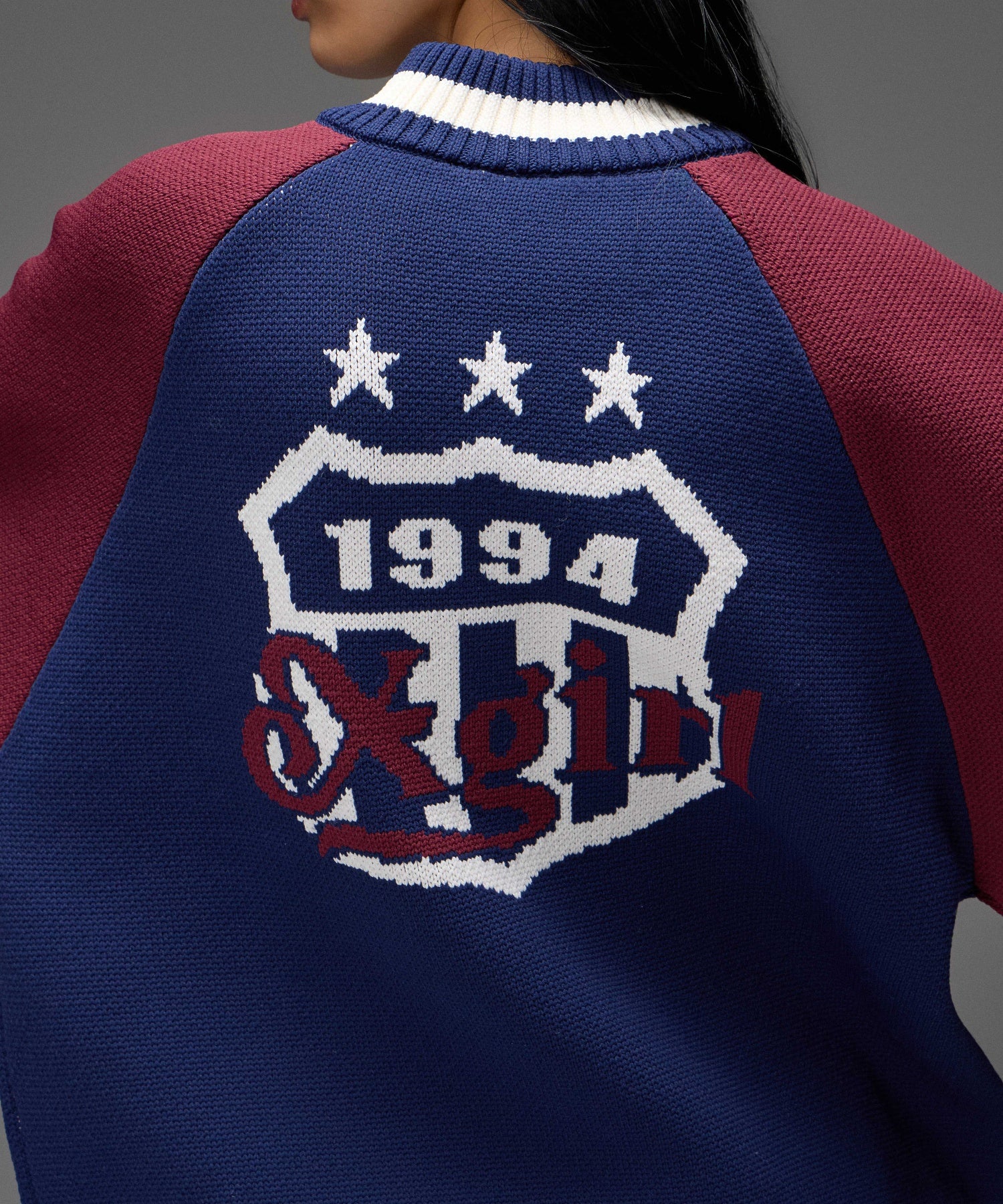 PATCH AND JACQUARD STADIUM KNIT JACKET
