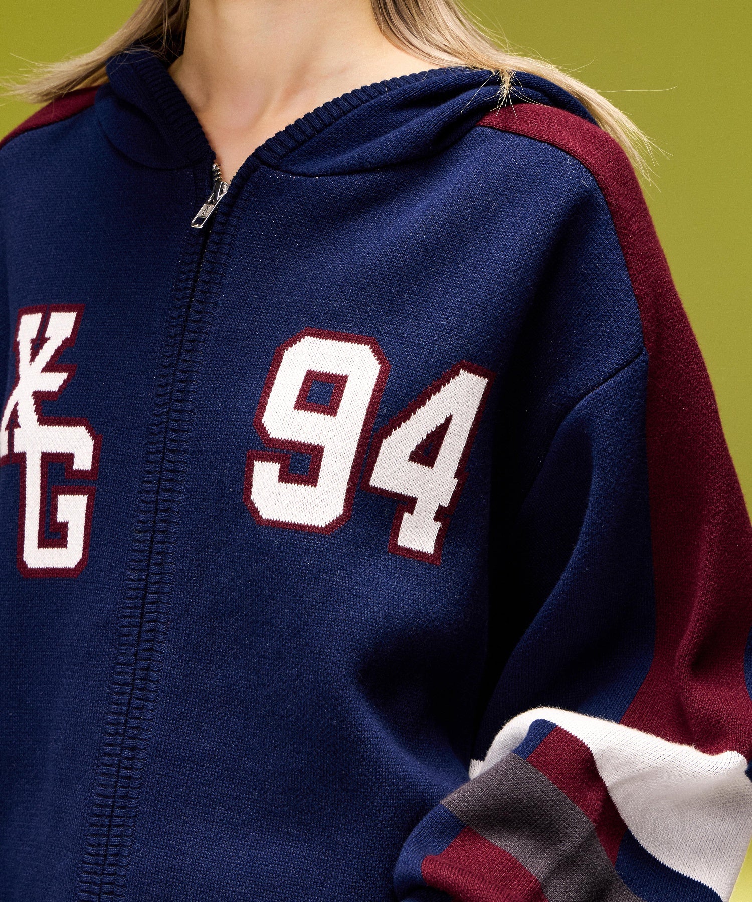 NUMBER AND LOGO JACQUARD ZIP UP KNIT TOP