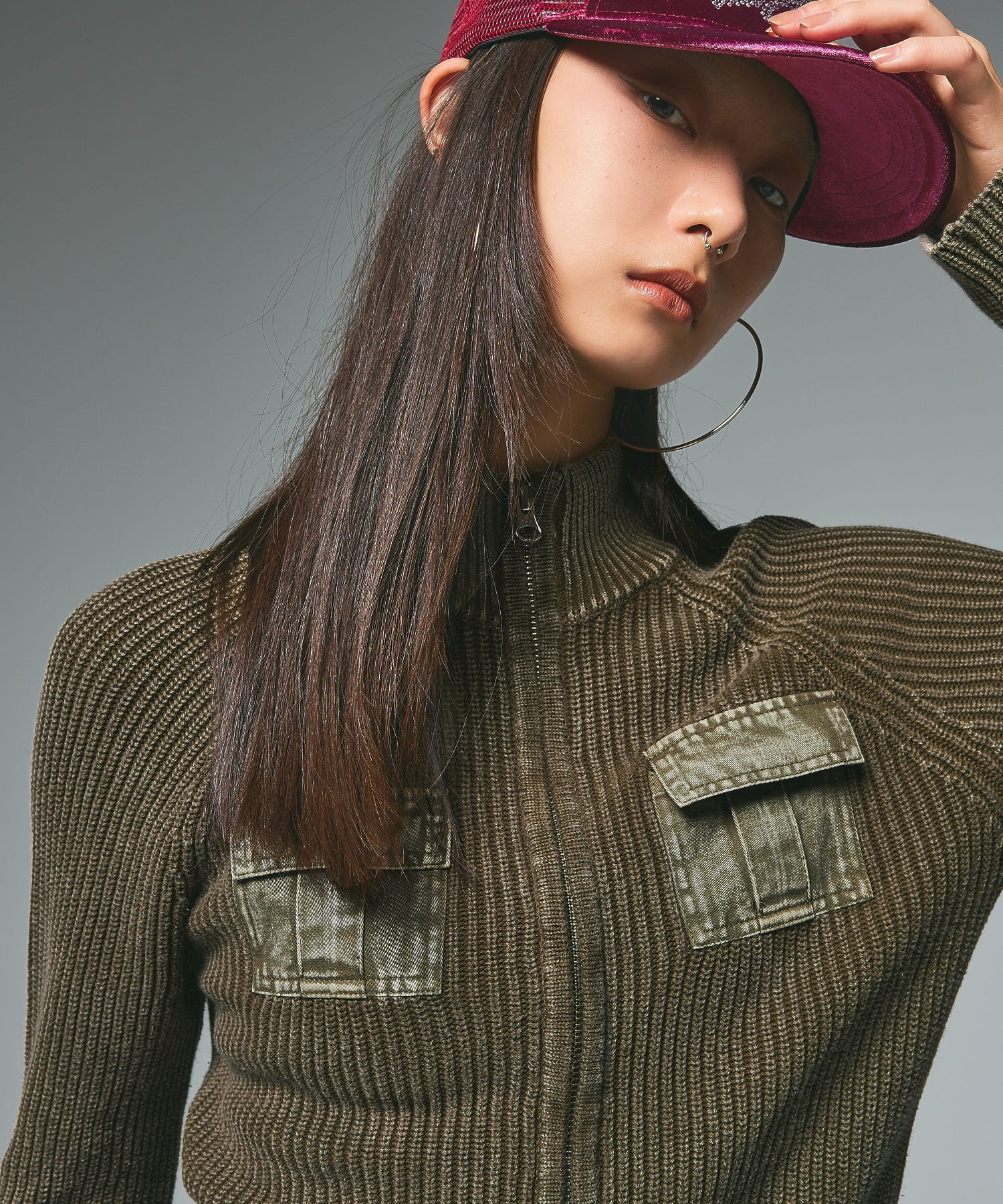FADED WOVEN MIX ZIP UP KNIT TOP