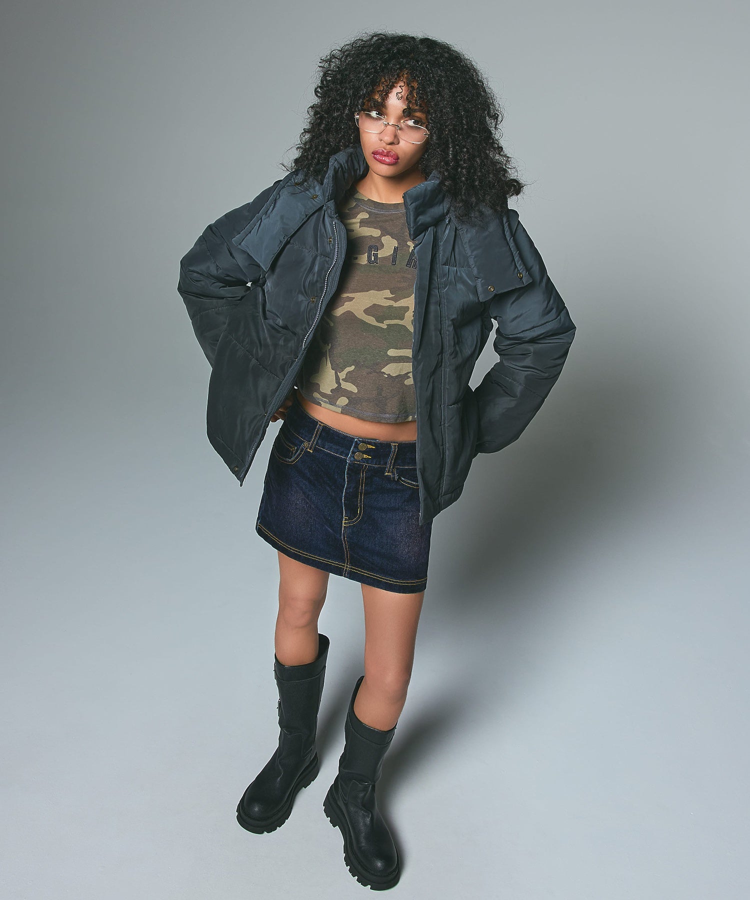 FLOCKED DENIM MINI SKIRT