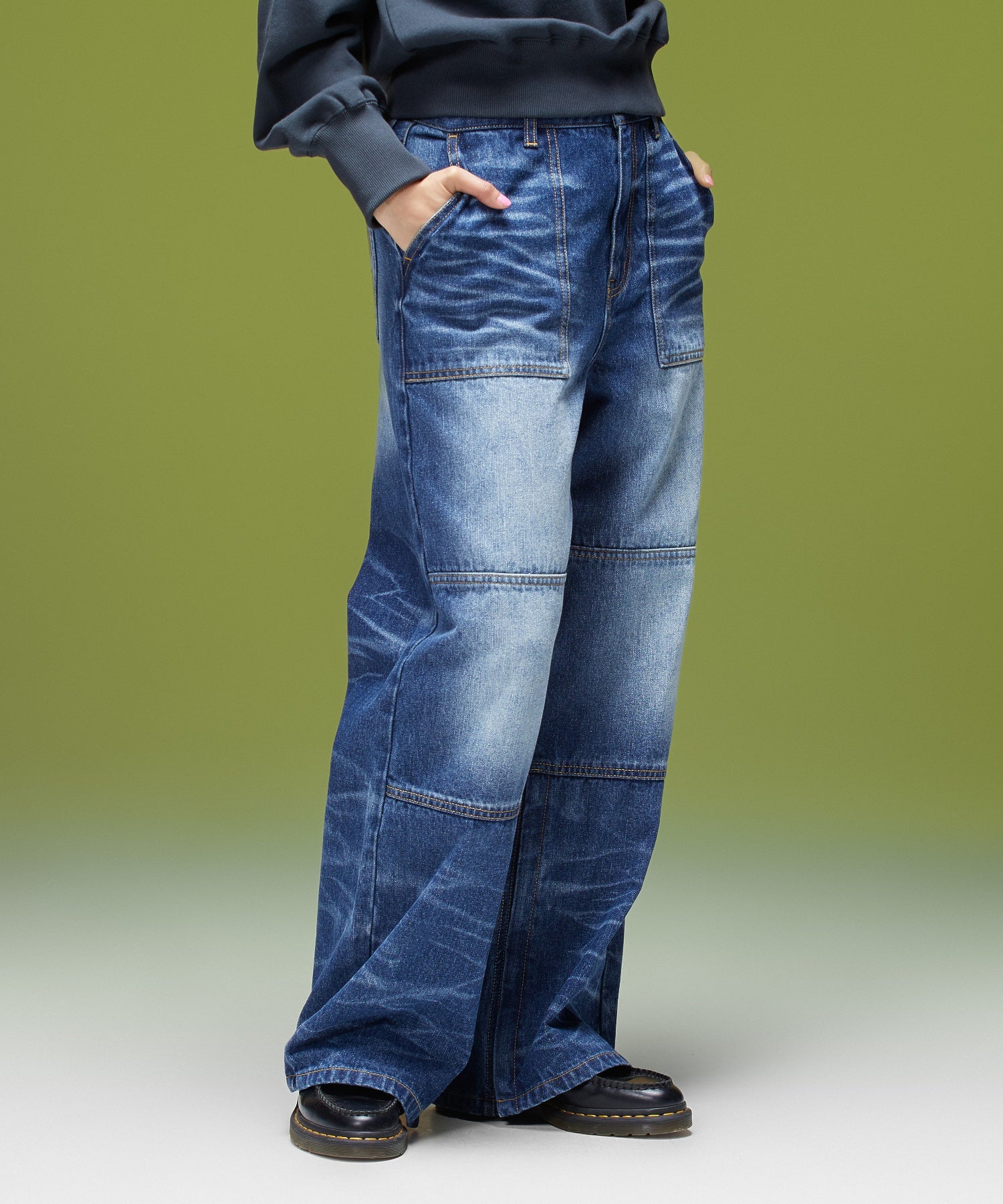 FADED WIDE LEG FLARE DENIM PANTS