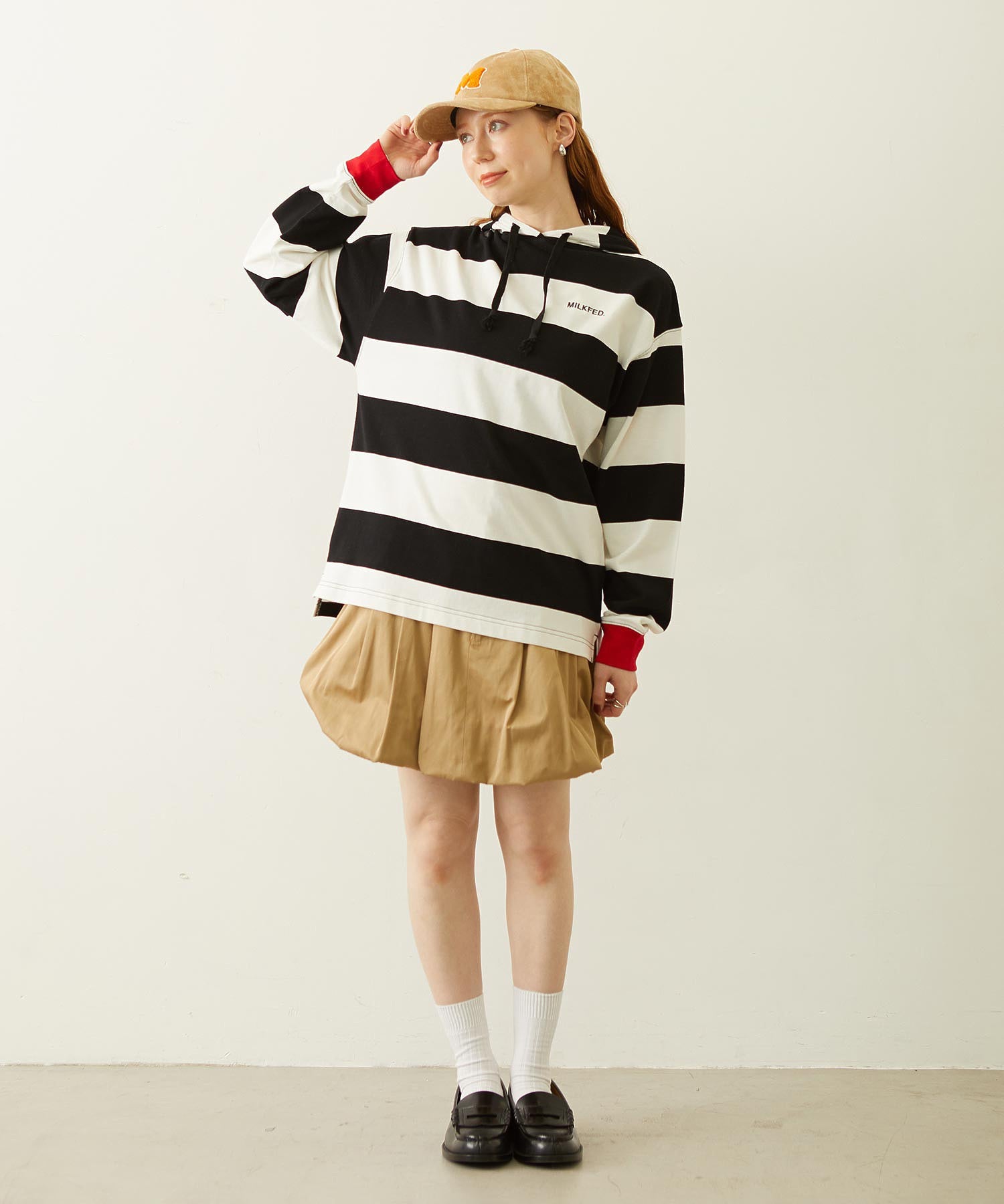 CONTRAST RIB STRIPED HOODED TOP