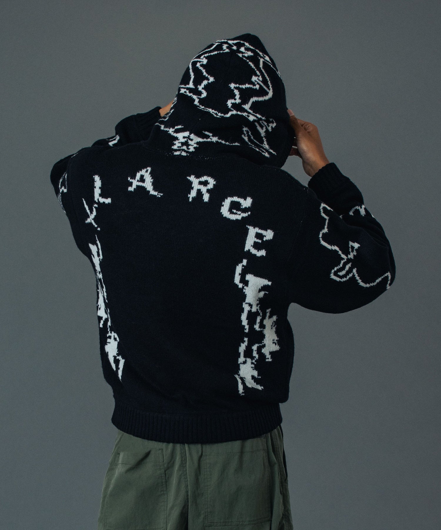 JACQUARD FUZZY ZIP UP HOODED SWEATER