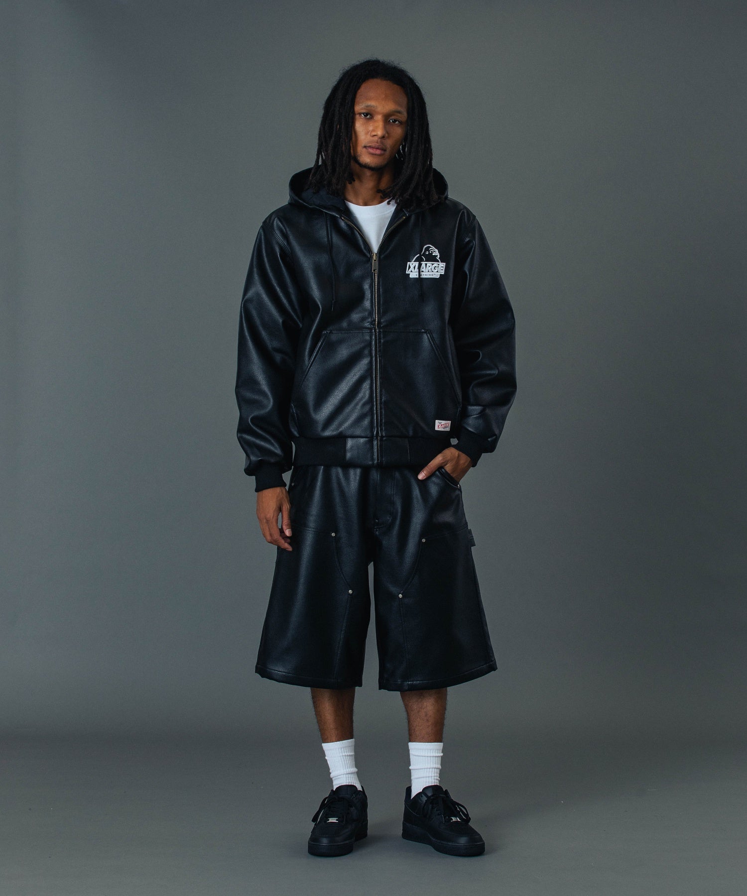 FAUX LEATHER HOODED WORK JACKET