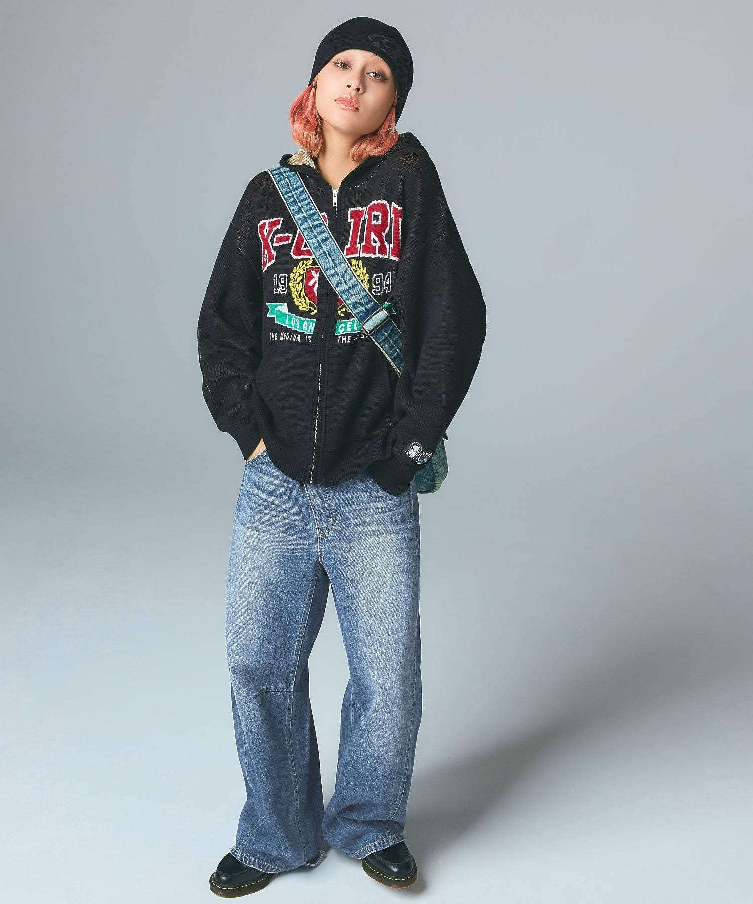 COLLEGE LOGO JACQUARD ZIP UP KNIT HOODIE