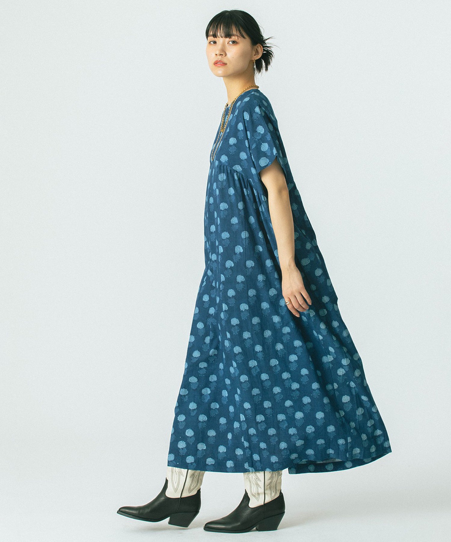 GENE HEAVENS/INDIGO FLOWER SMOCK DRESS
