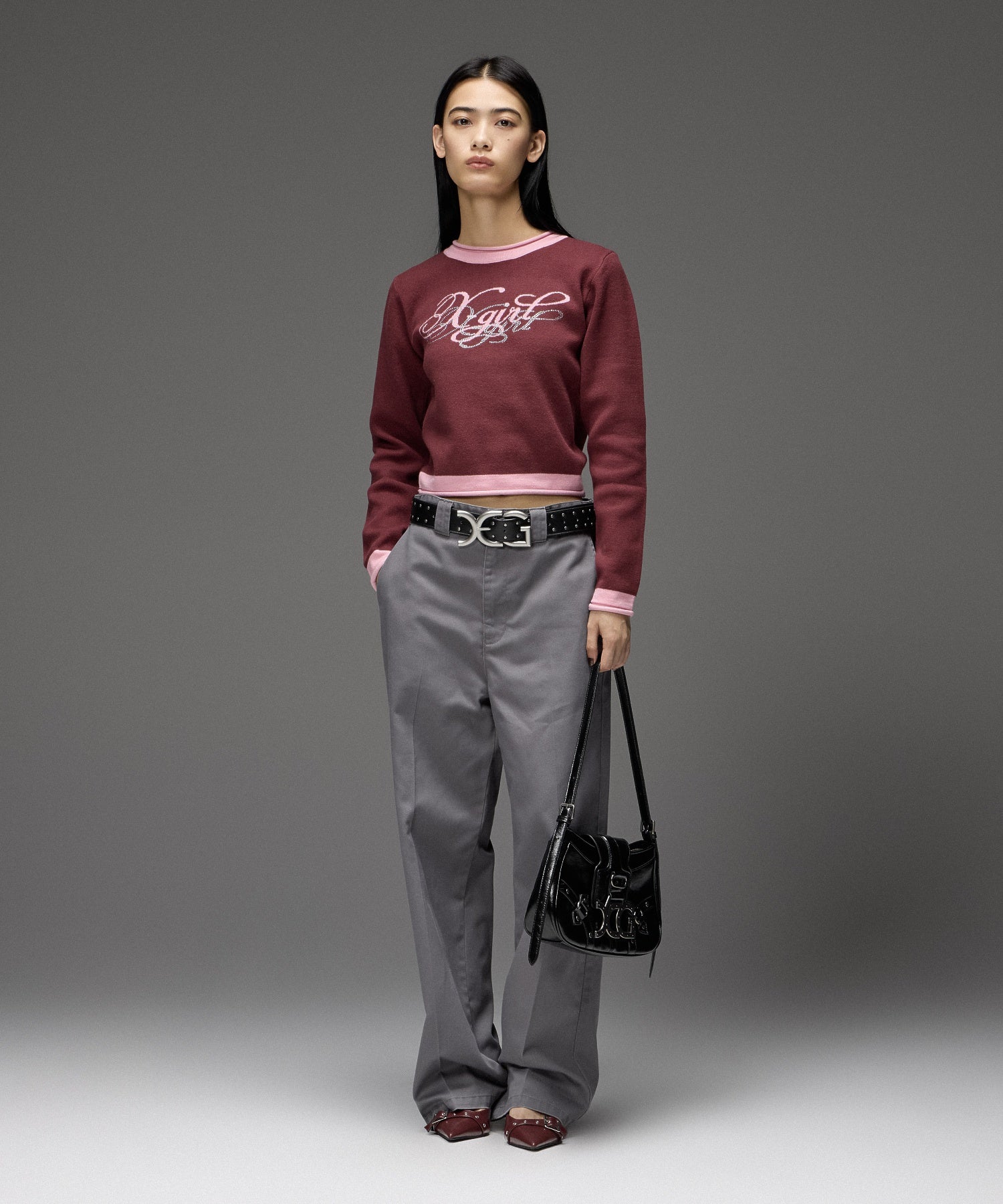 RHINESTONE AND JACQUARD LOGO COMPACT KNIT TOP