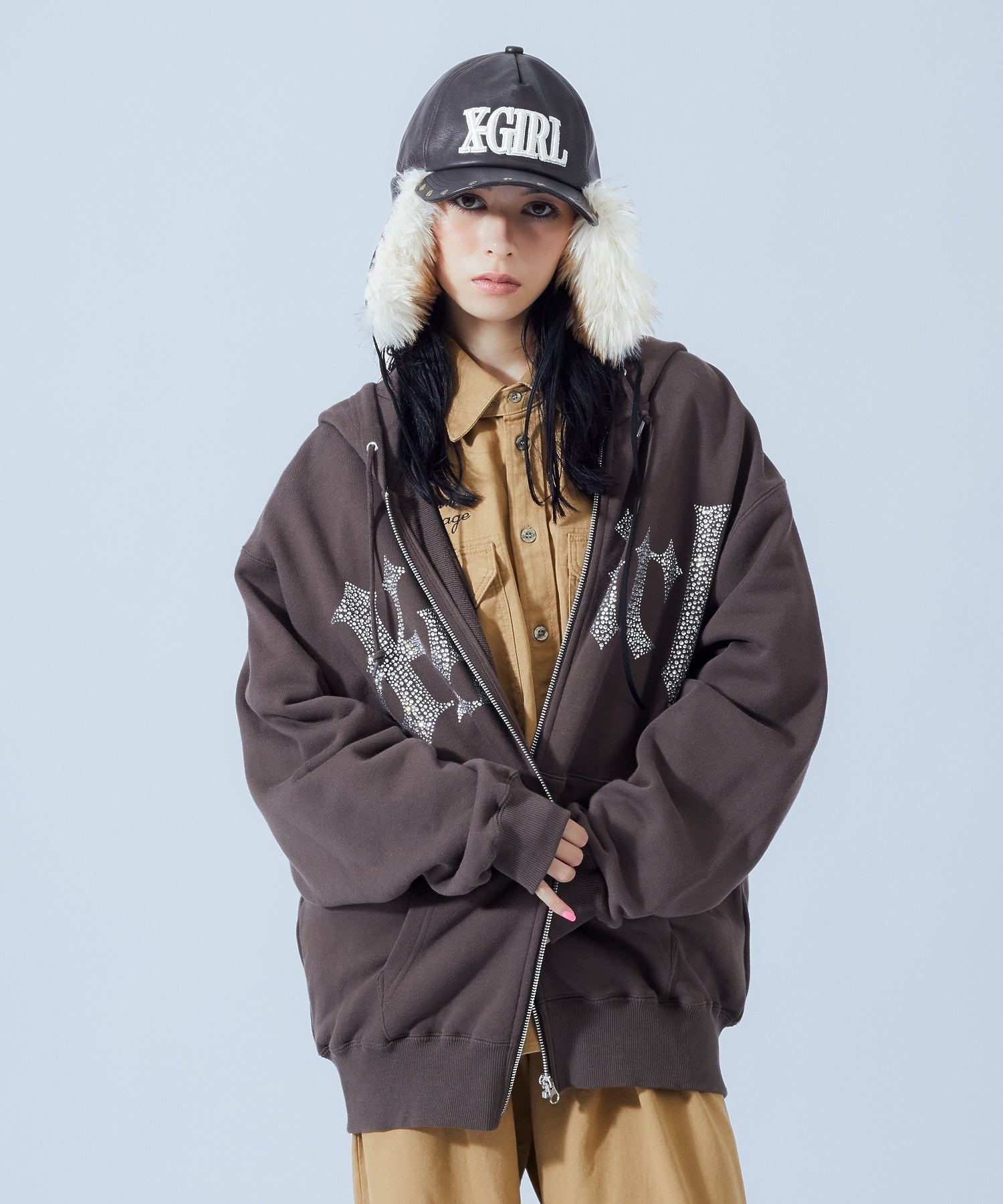 RHINESTONE BLACKLETTER LOGO ZIP UP SWEAT HOODIE