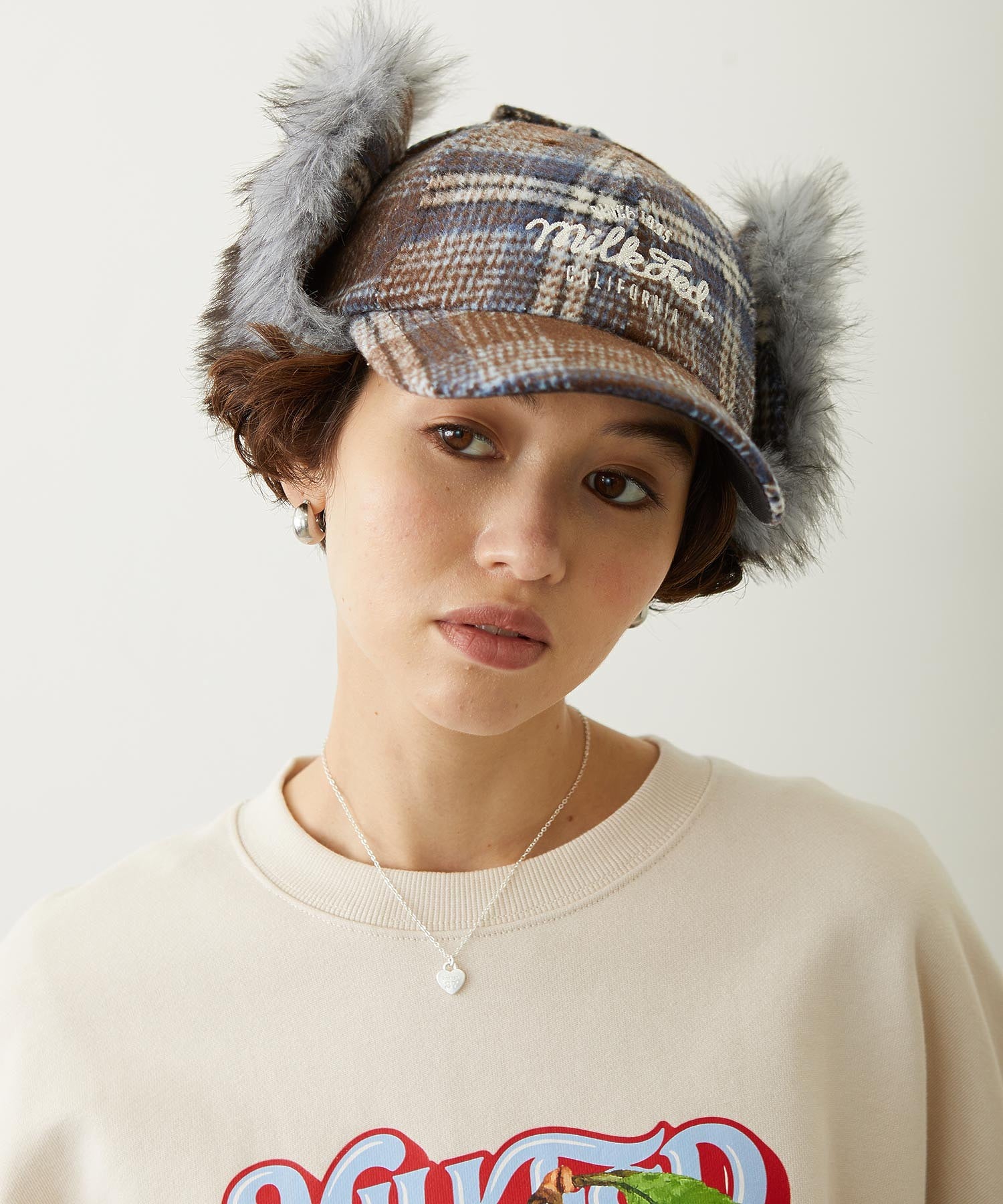 PLAID PATTERN FUR EAR FLAP