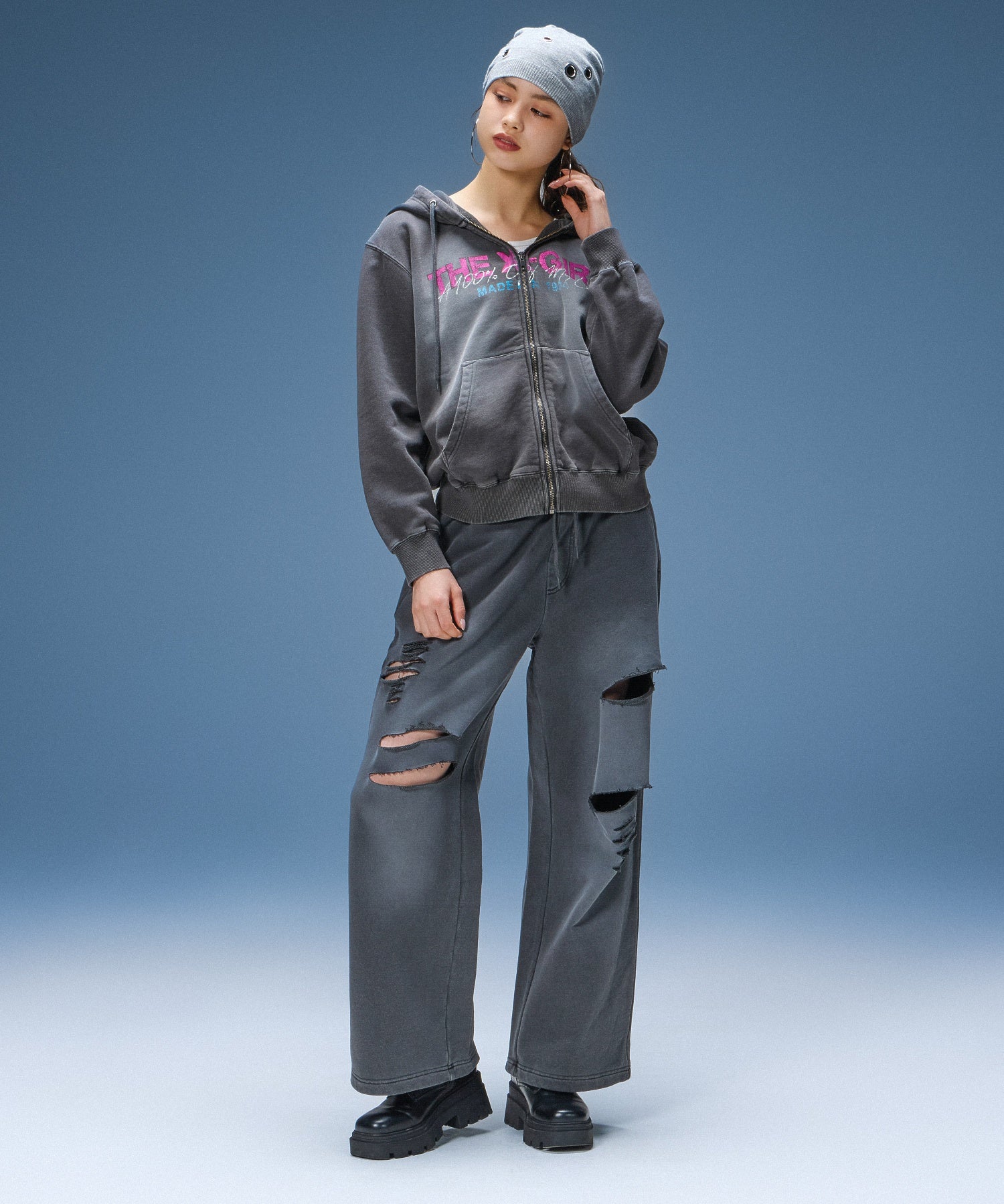 FADED LOGO PRINT ZIP UP SWEAT HOODIE