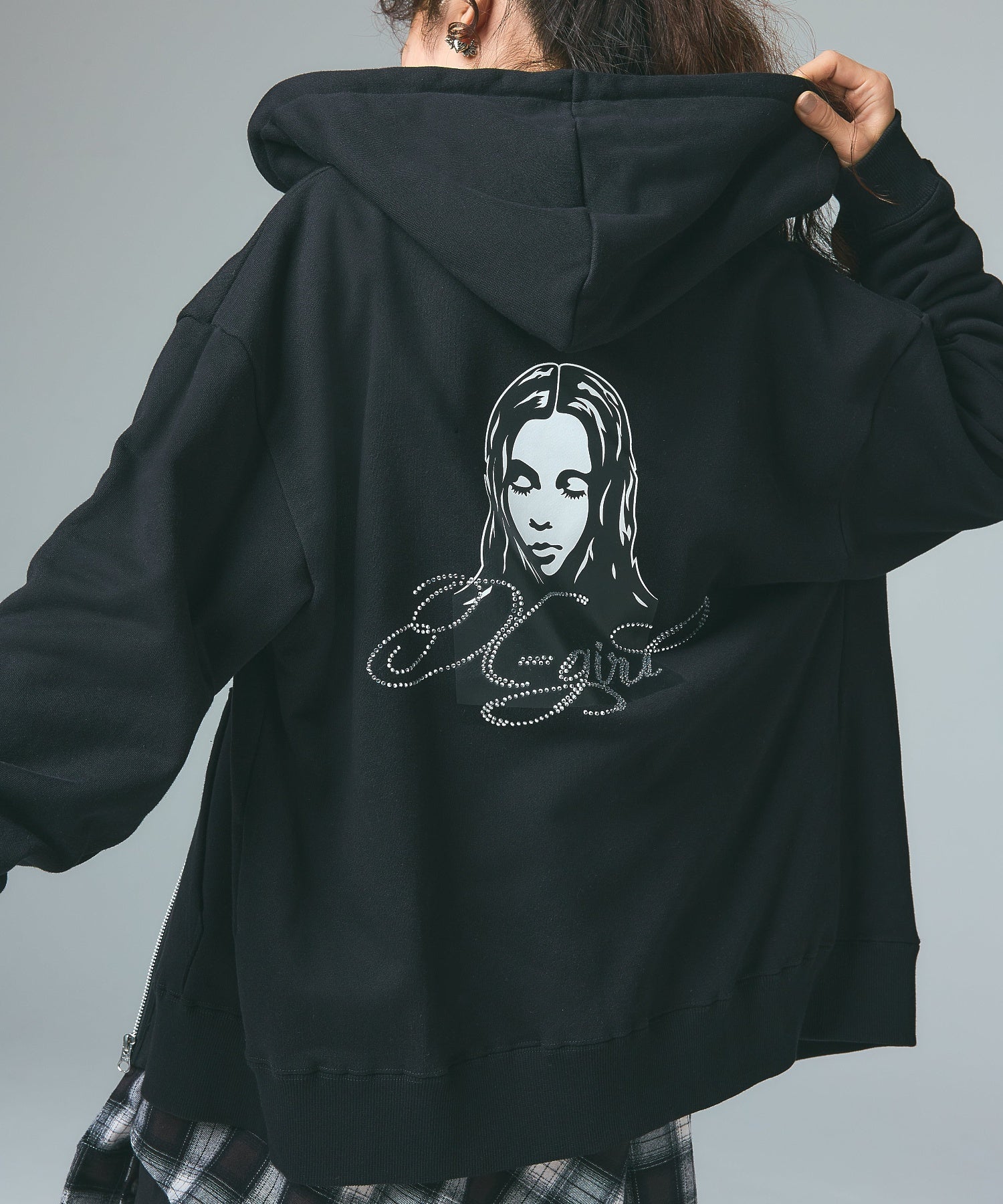 RHINESTONE LOGO AND FACE ZIP UP SWEAT HOODIE