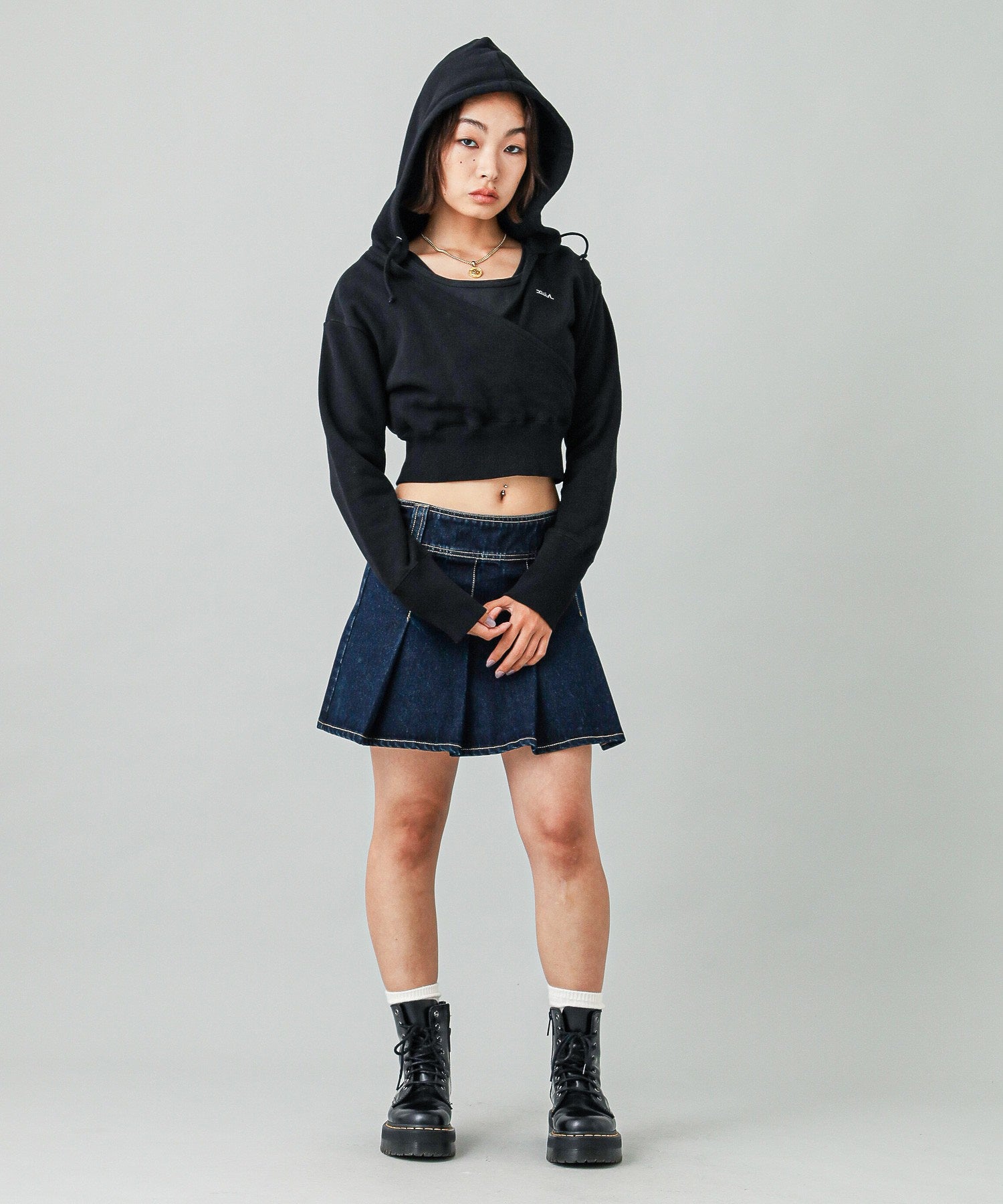 PLEATED DENIM MINI SKIRT