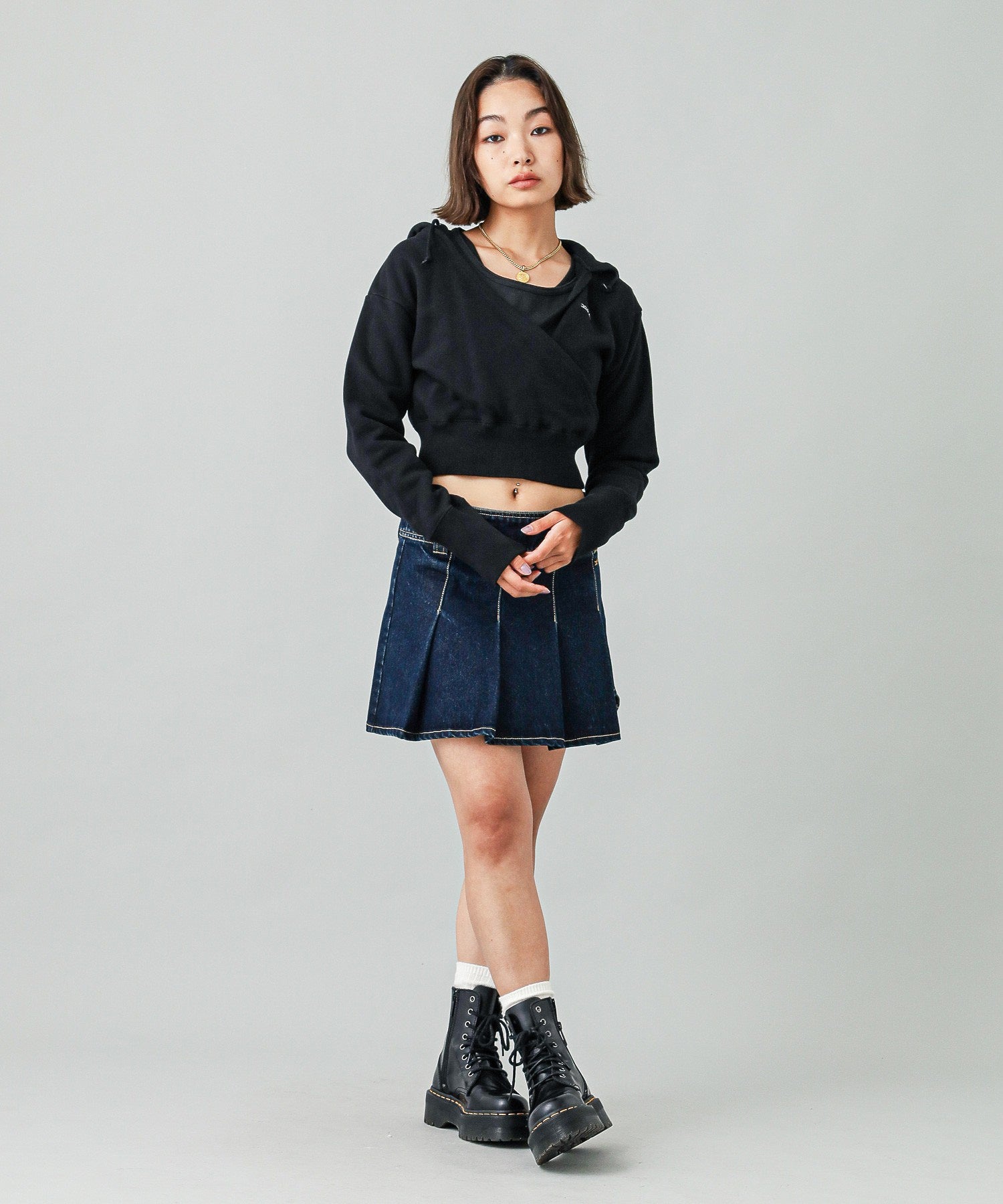 PLEATED DENIM MINI SKIRT