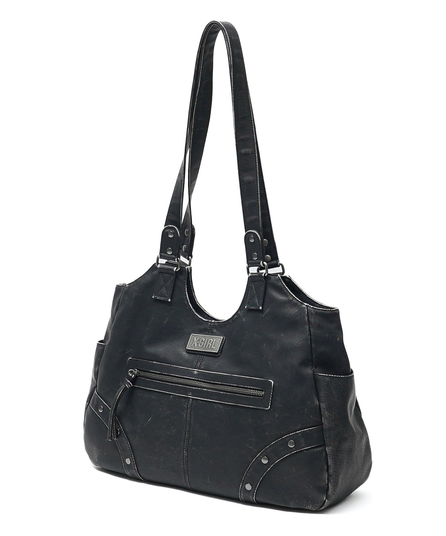 METAL LABEL FAUX LEATHER BAG