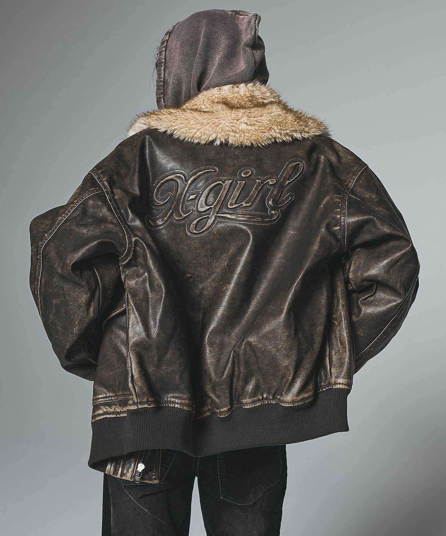 EMBOSSED LOGO PATCH DISTRESSED FAUX LEATHER JACKET