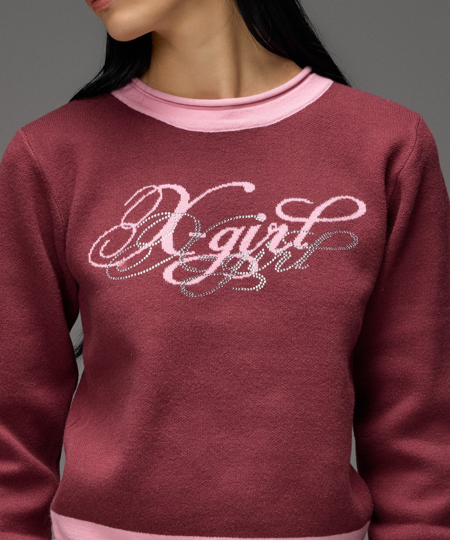 RHINESTONE AND JACQUARD LOGO COMPACT KNIT TOP