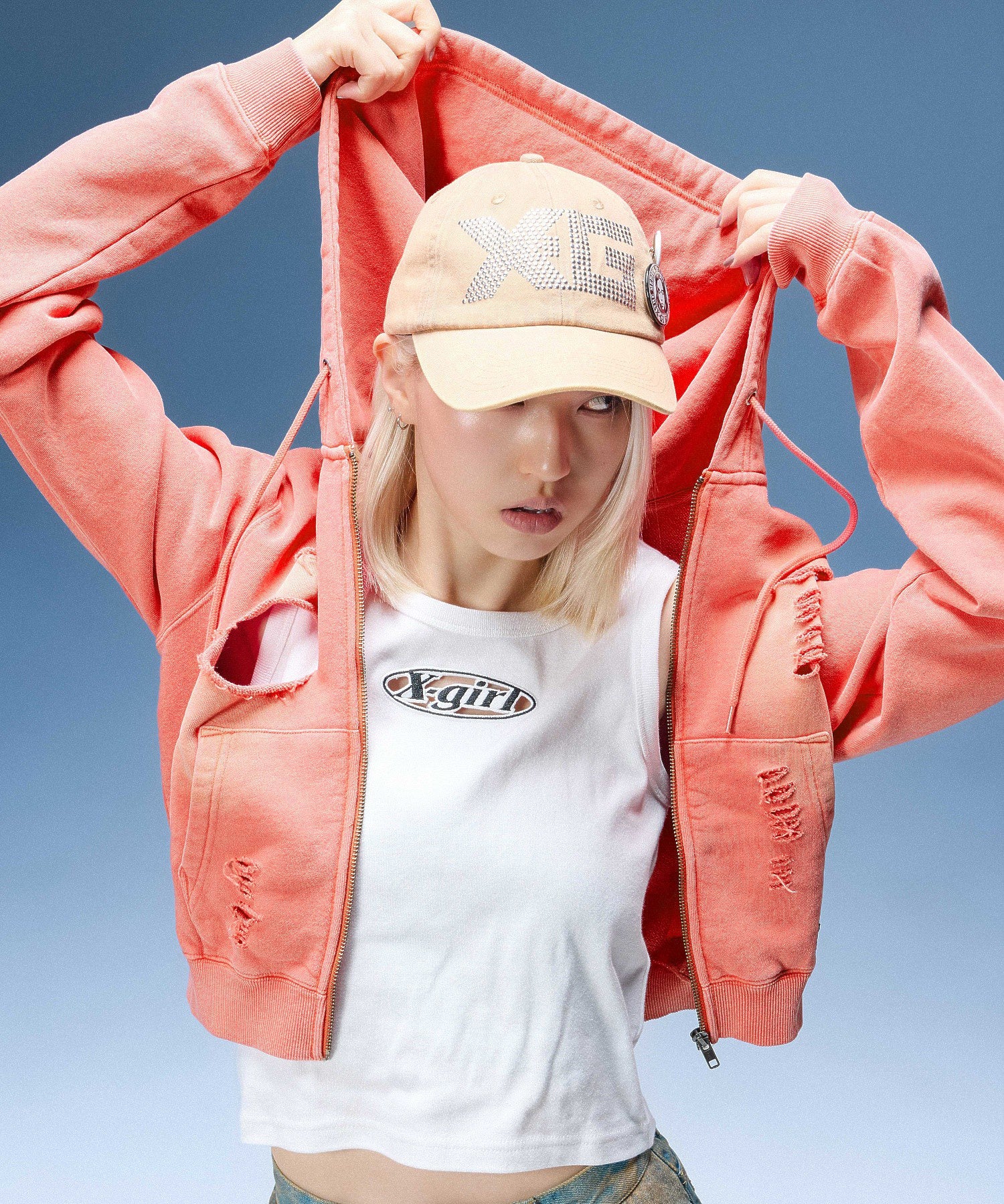 DISTRESSED ZIP UP SWEAT HOODIE