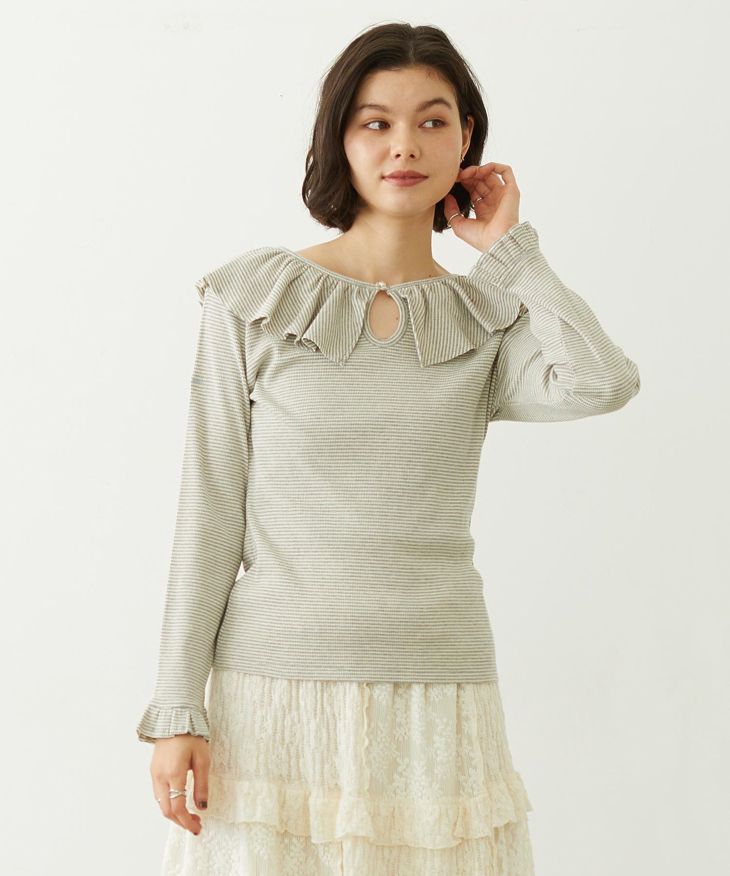 2WAY RUFFLE COLLAR STRIPED L/S TOP