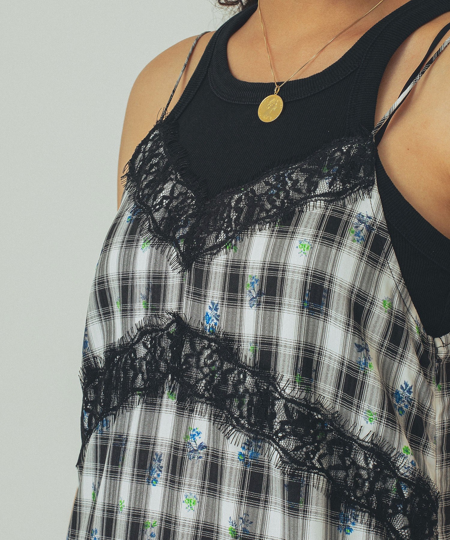 mag.by c/FLOWER PRINT CHECK CAMI DRESS