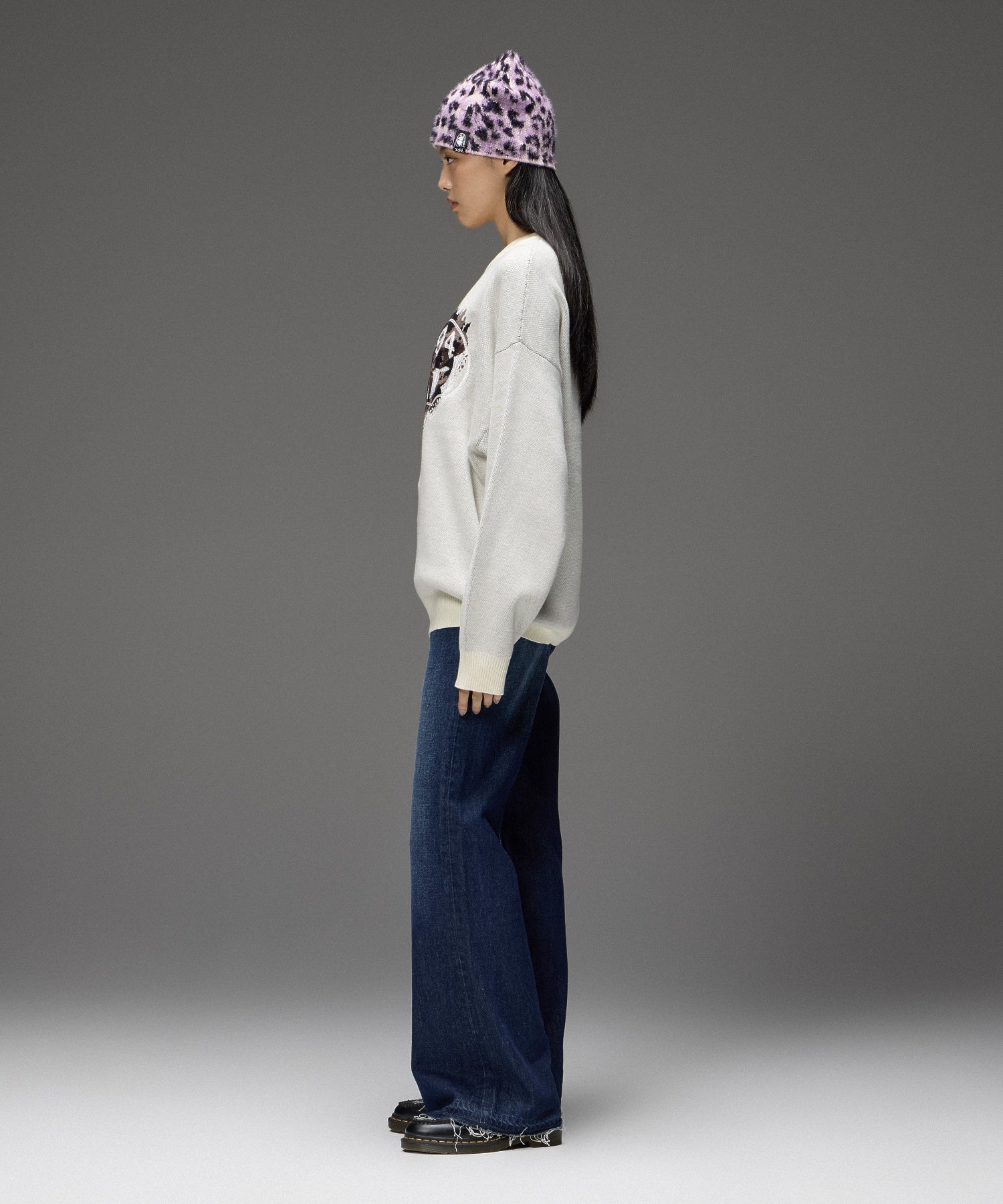 LEOPARD HEART LOGO JACQURD KNIT TOP