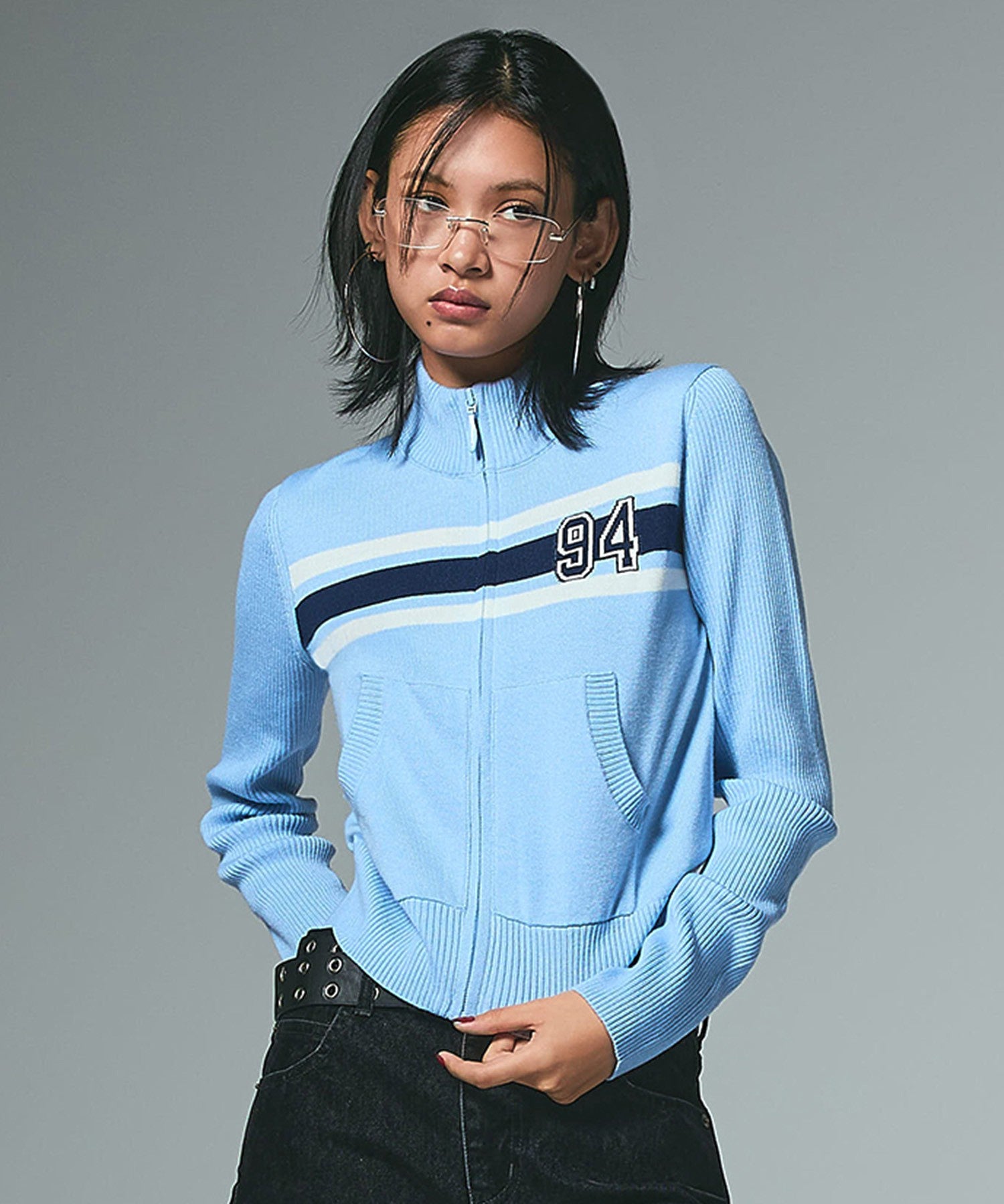 NUMBERING JACQUARD ZIP UP KNIT TOP