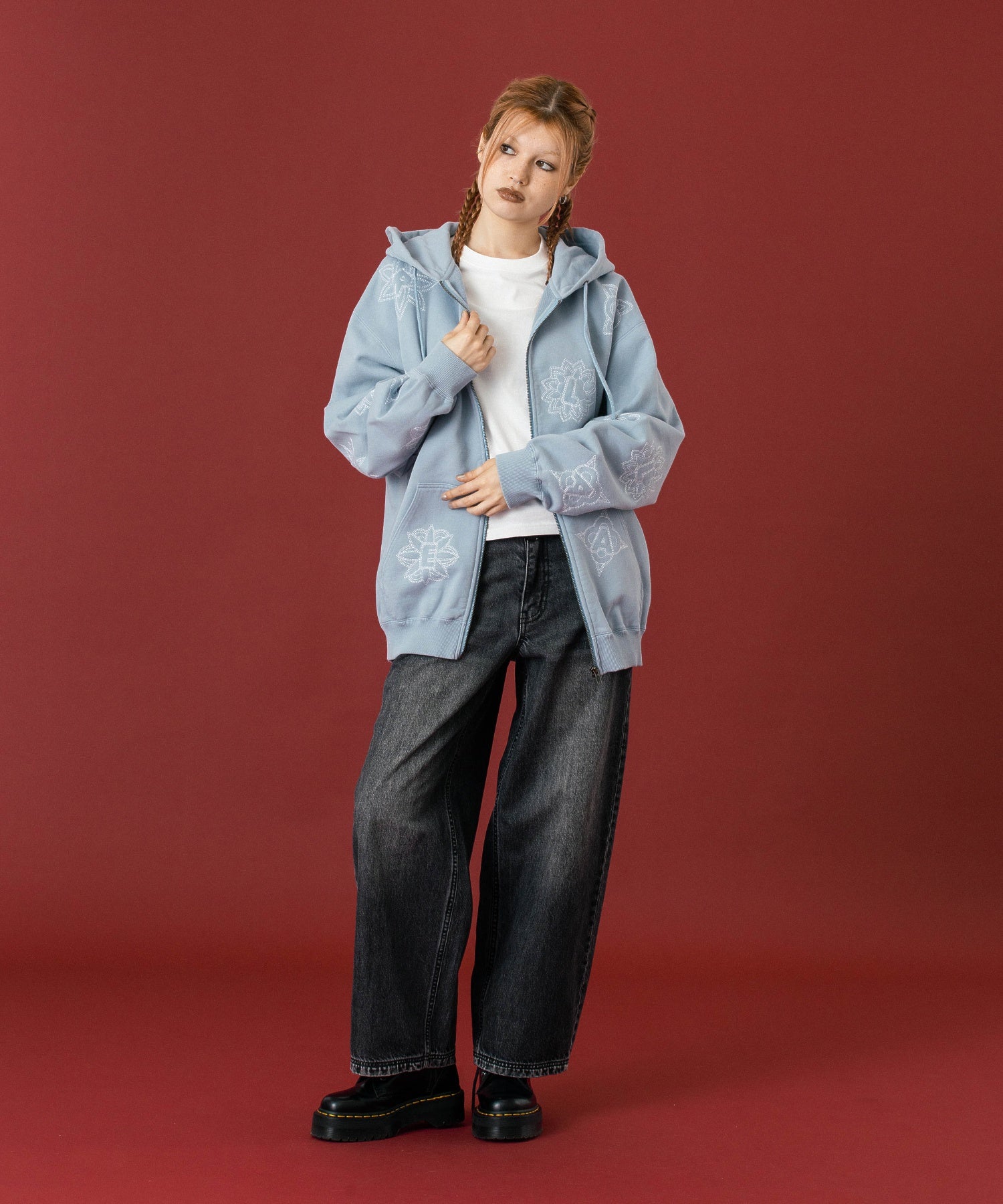 ALLOVER EMBROIDERY ZIP UP HOODED SWEATSHIRT