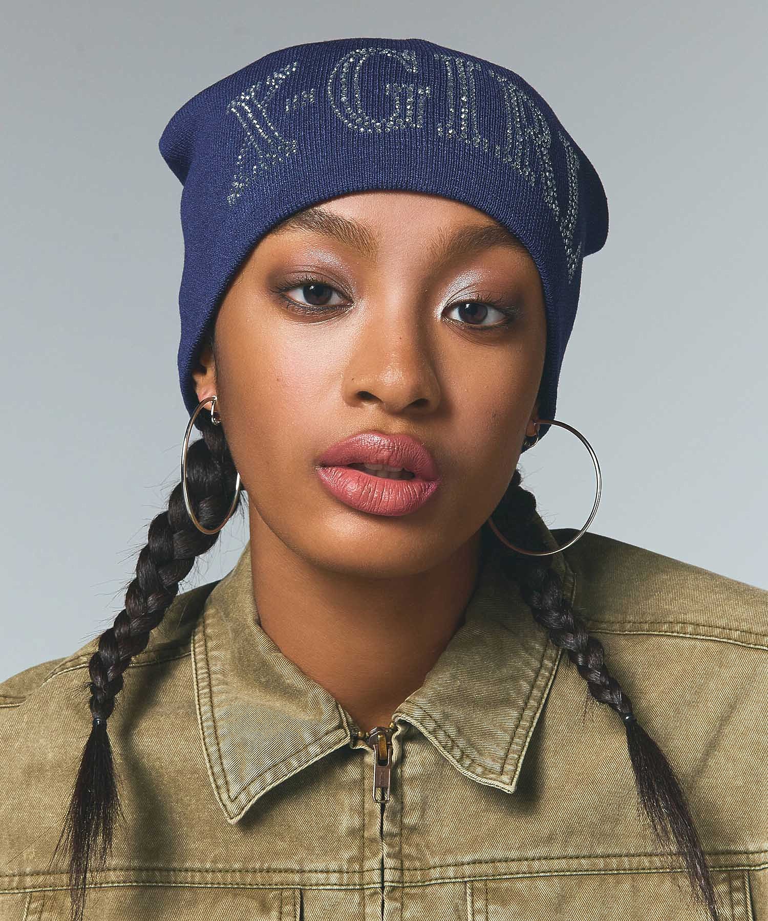 RHINESTONE ROMAN TYPE LOGO BEANIE