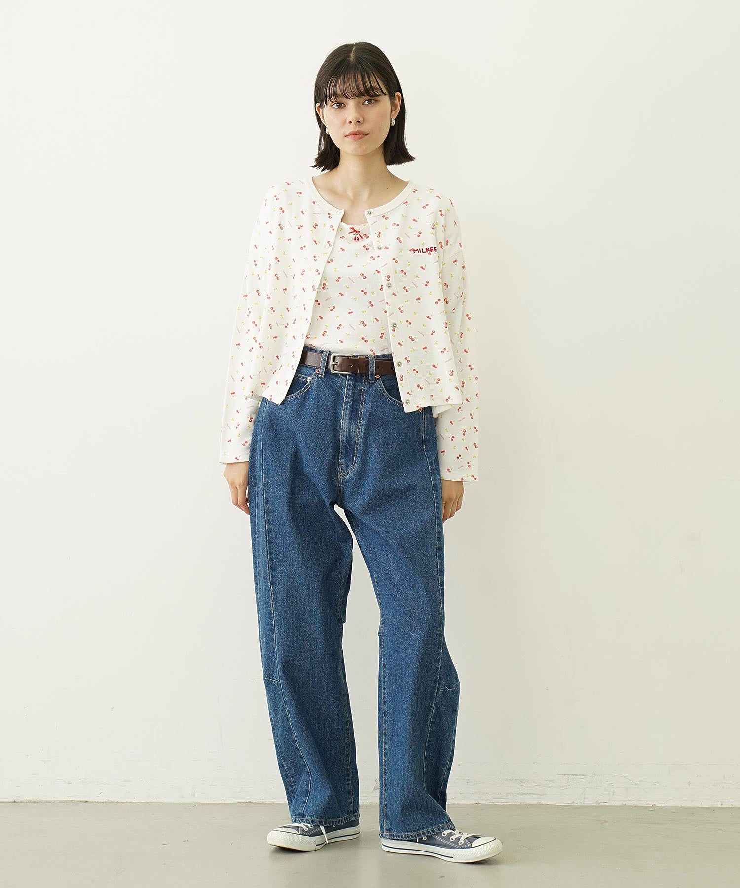 CHERRY PATTERN WAFFLE PUFF SLEEVES TOP