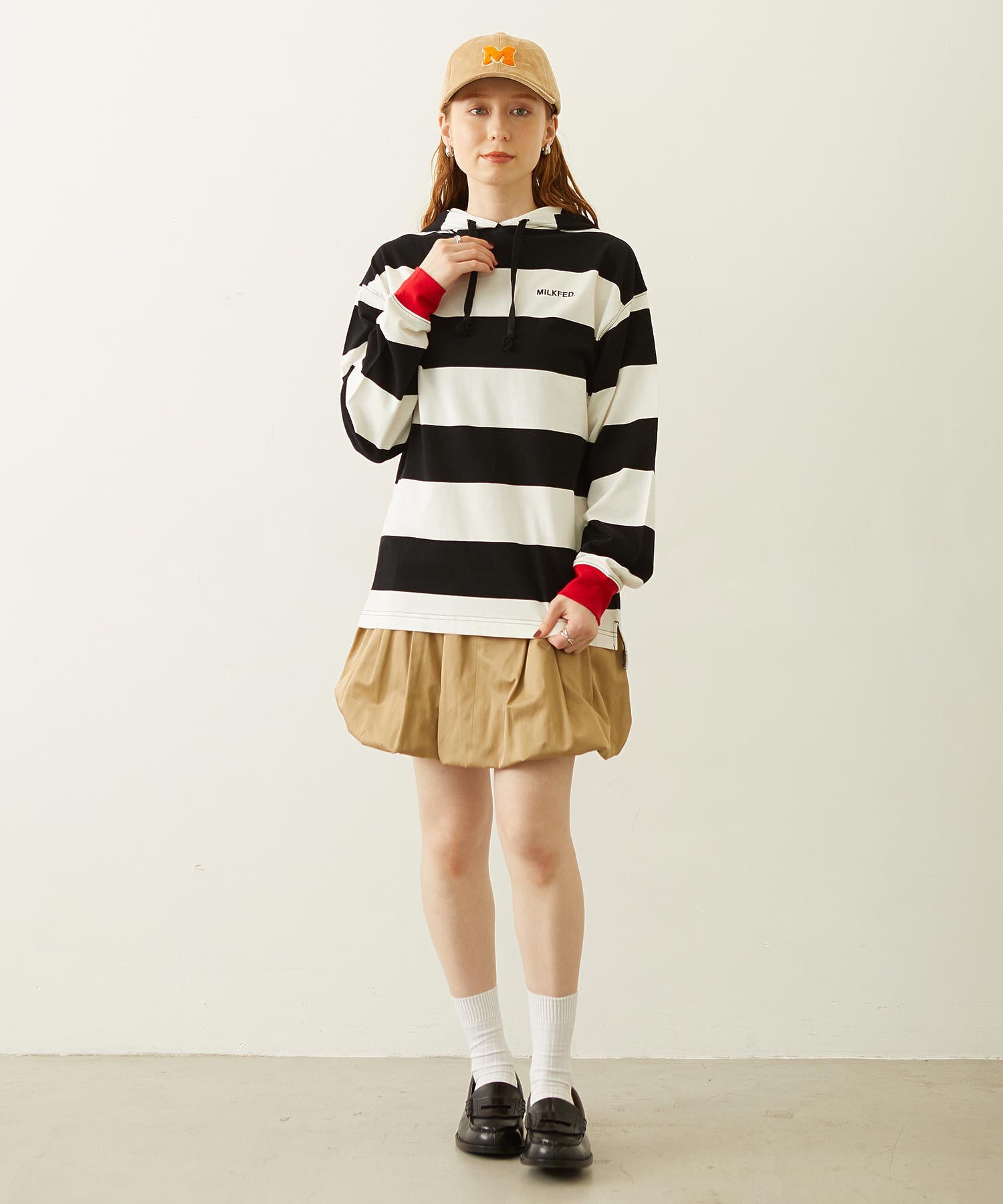 CONTRAST RIB STRIPED HOODED TOP