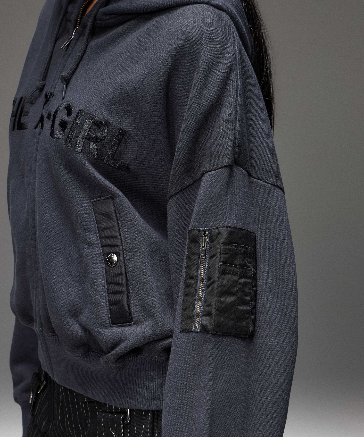 WOVEN MIX FUZZY LOGO ZIP UP SWEAT HOODIE