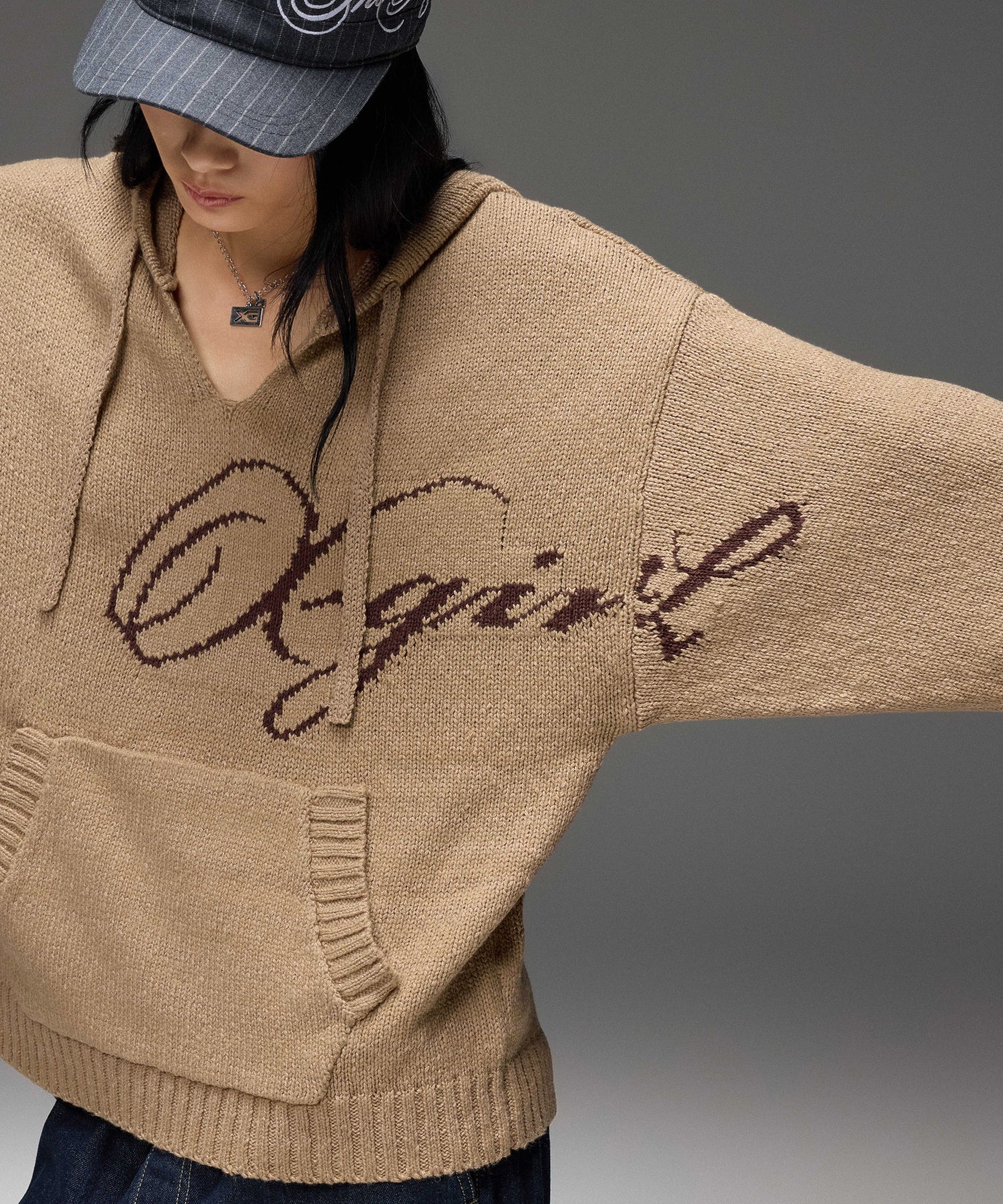 FRONT SLIT KNIT HOODIE