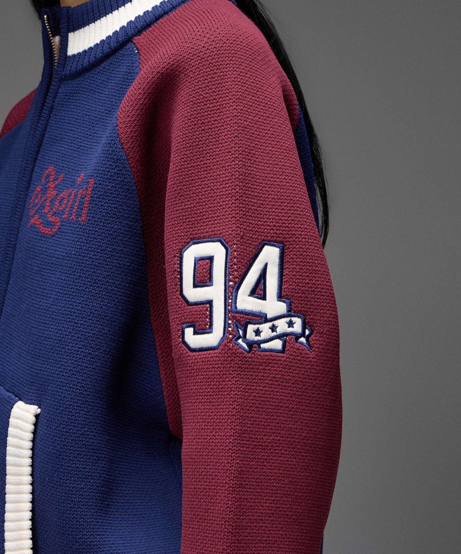 PATCH AND JACQUARD STADIUM KNIT JACKET
