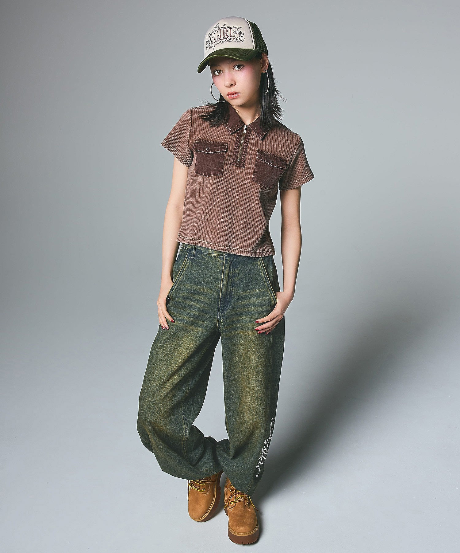 RHINESTONE LOGO LOOSE DENIM PANTS