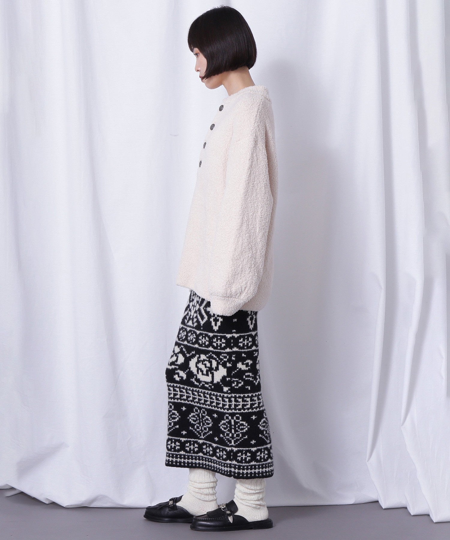 コンチョボタン モコモコ ヘンリーネックトップス