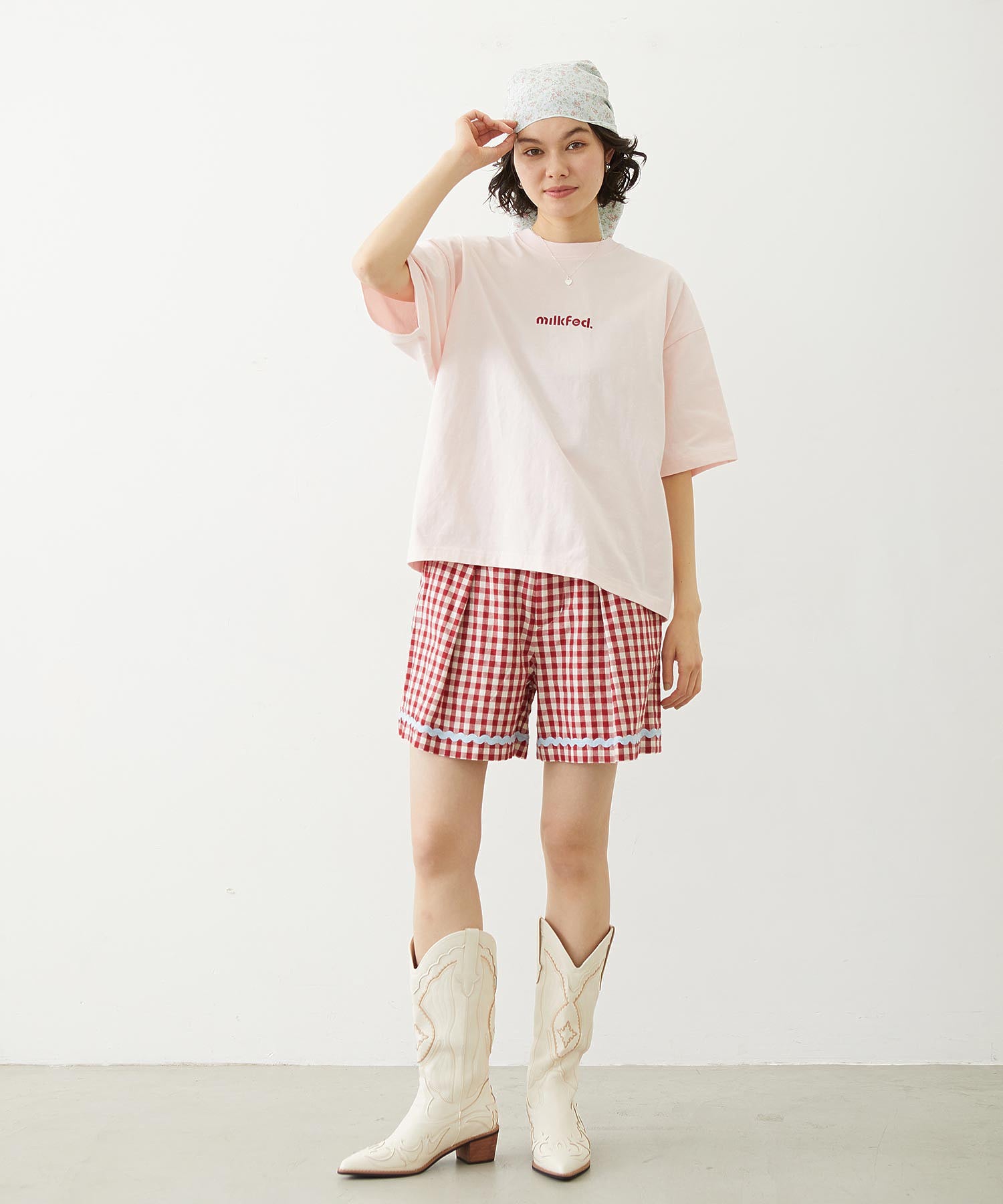 CUT OUT LOGO GINGHAM FLOWER WIDE S/S TEE