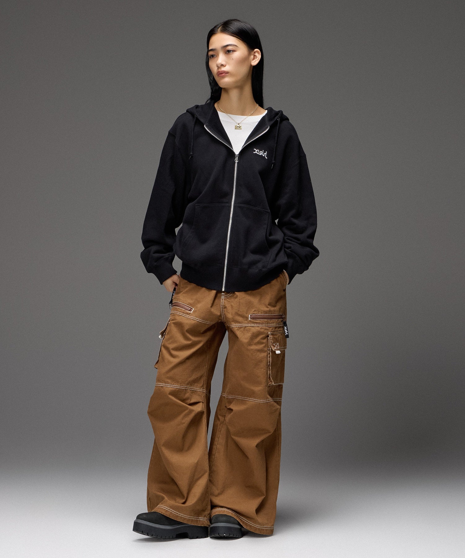 PLAID PATTERN FACE PATCH ZIP UP SWEAT HOODIE