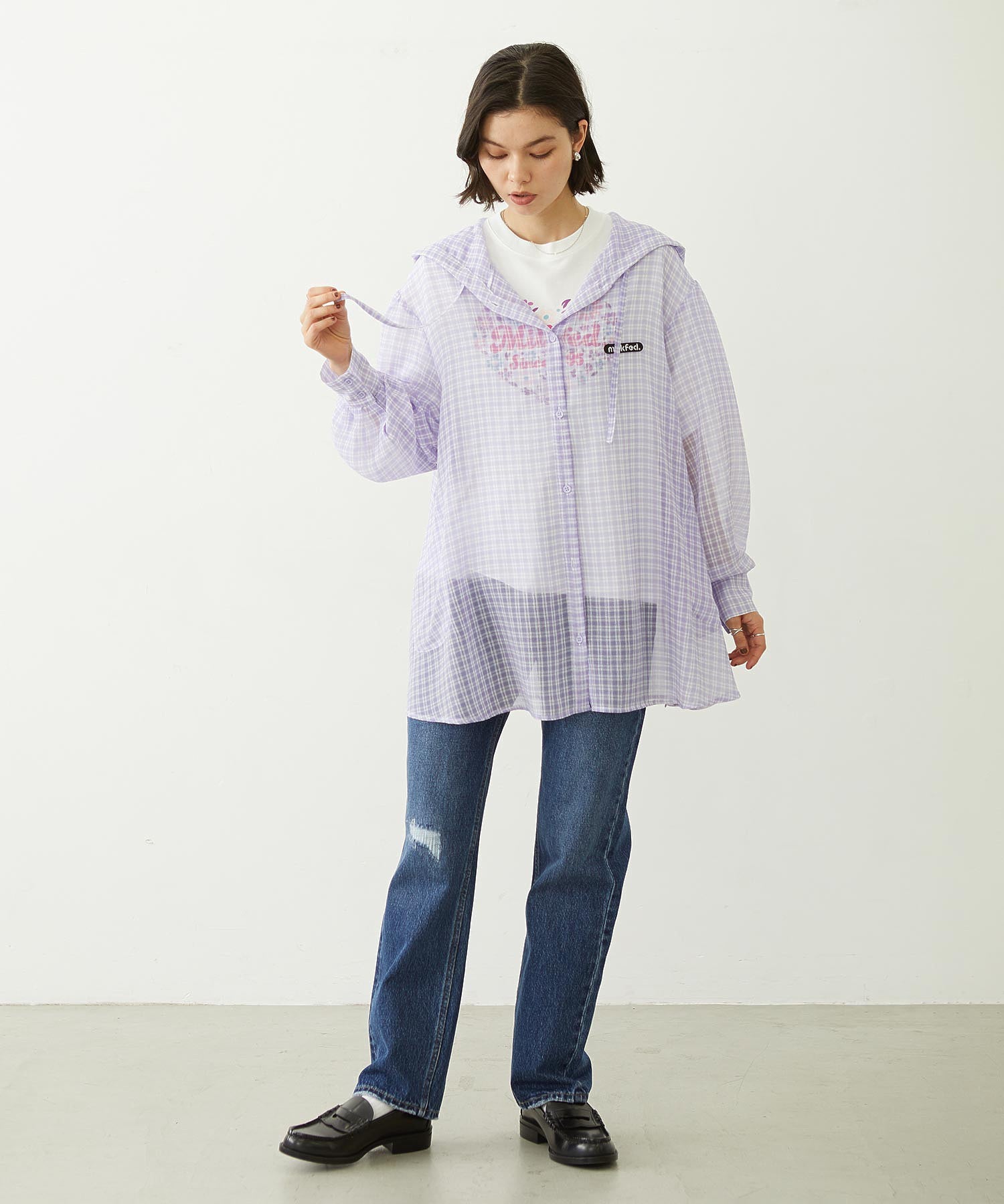 SHEER PLAID HOODED TOP