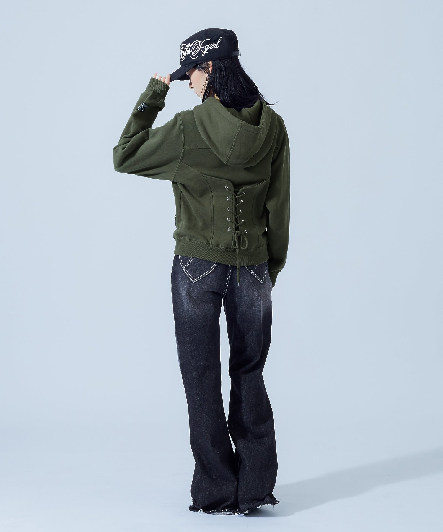 BACK LACE UP ZIP UP SWEAT HOODIE
