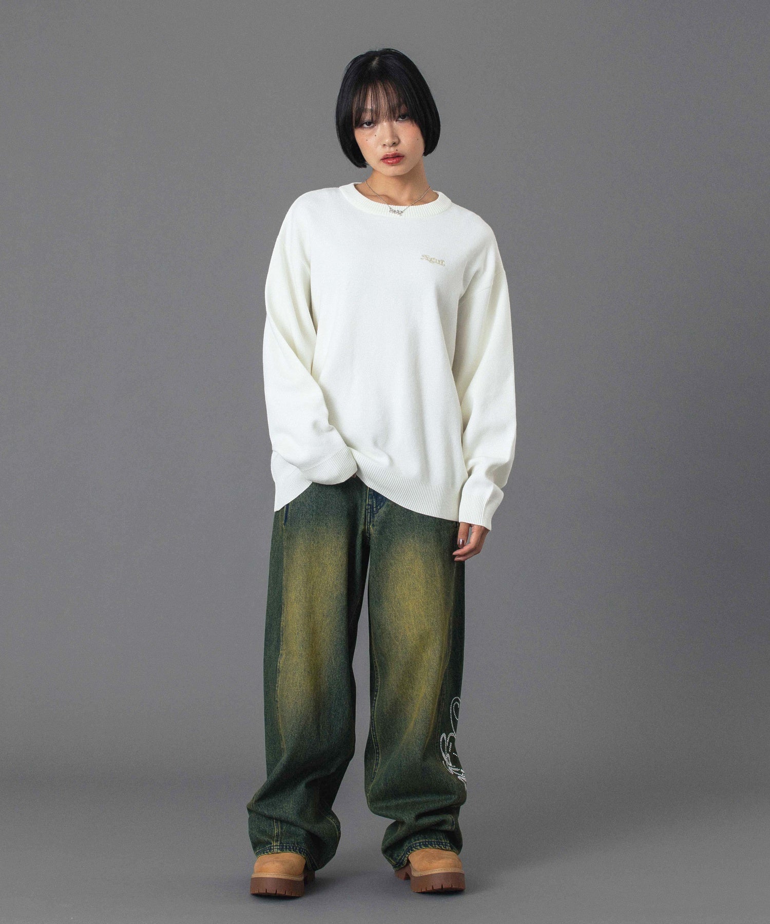 RHINESTONE LOGO LOOSE DENIM PANTS