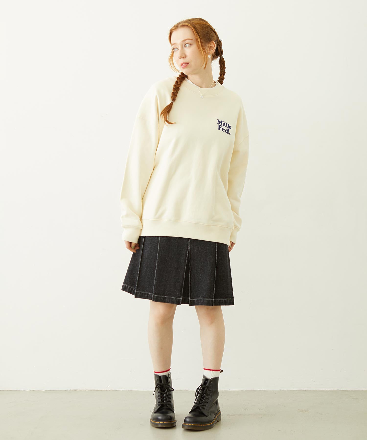 MILKFED. PLAID LOGO WIDE CREW SWEAT