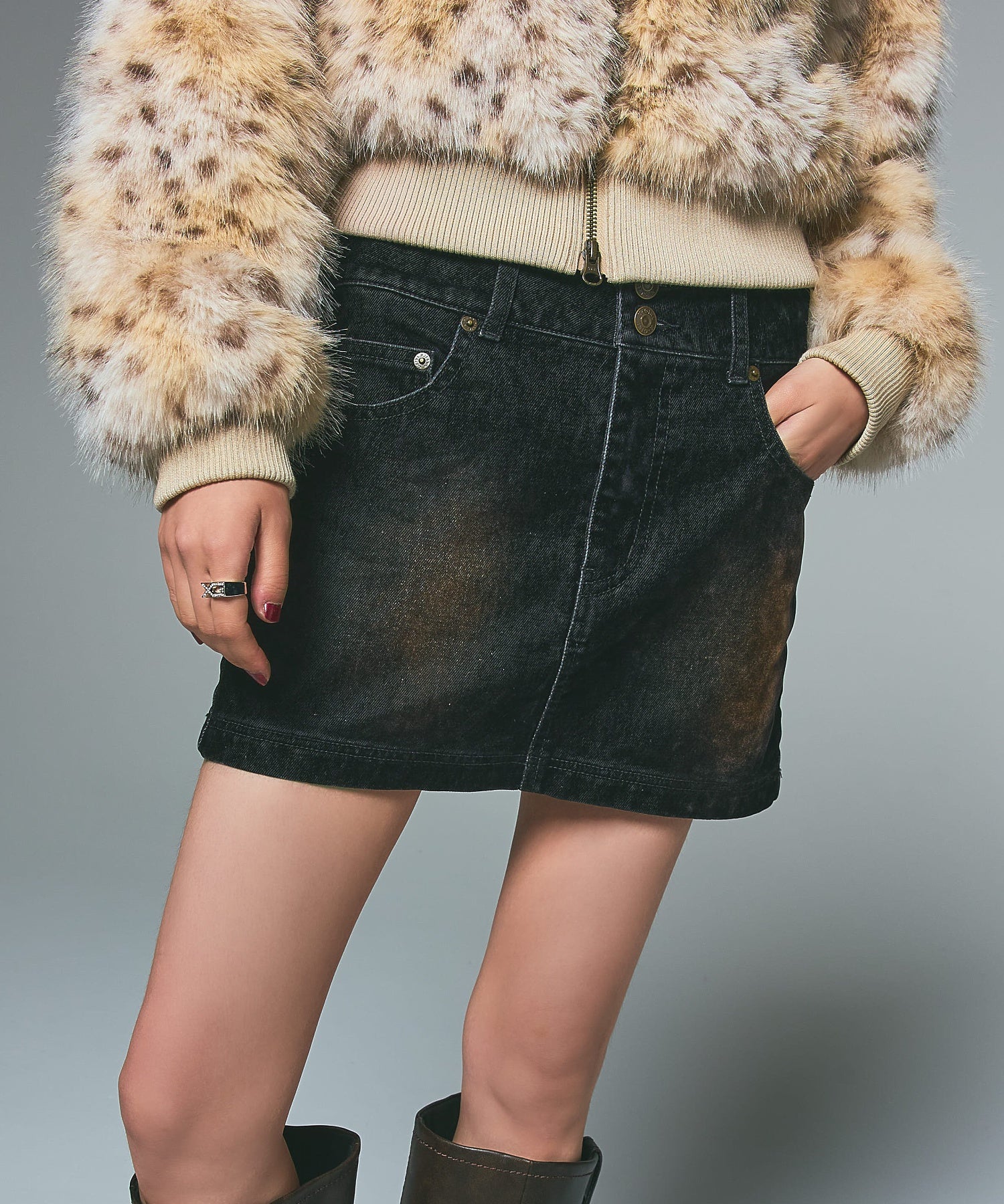 FLOCKED DENIM MINI SKIRT