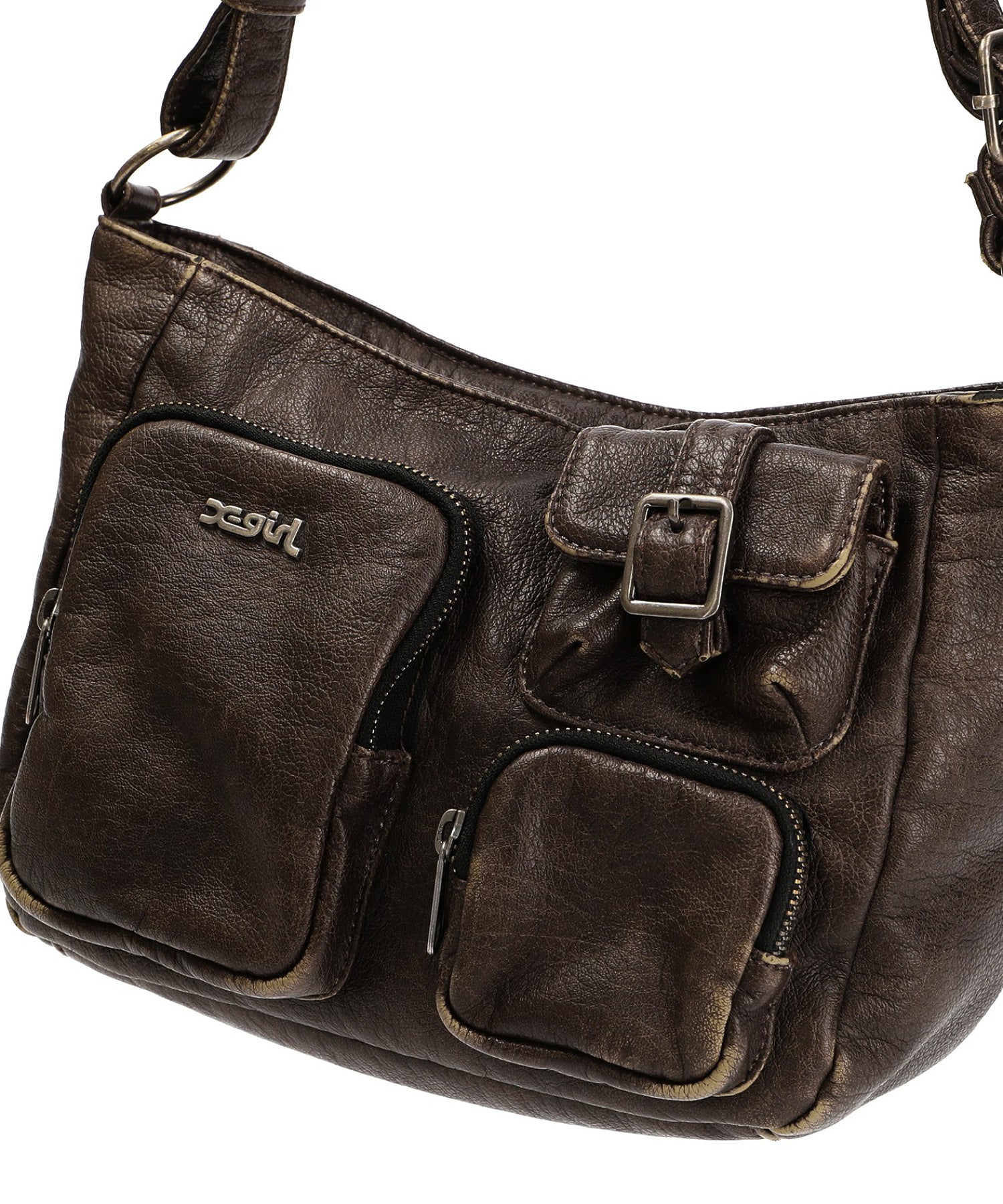 MULTI POCKET FADED FAUX LEATHER BAG