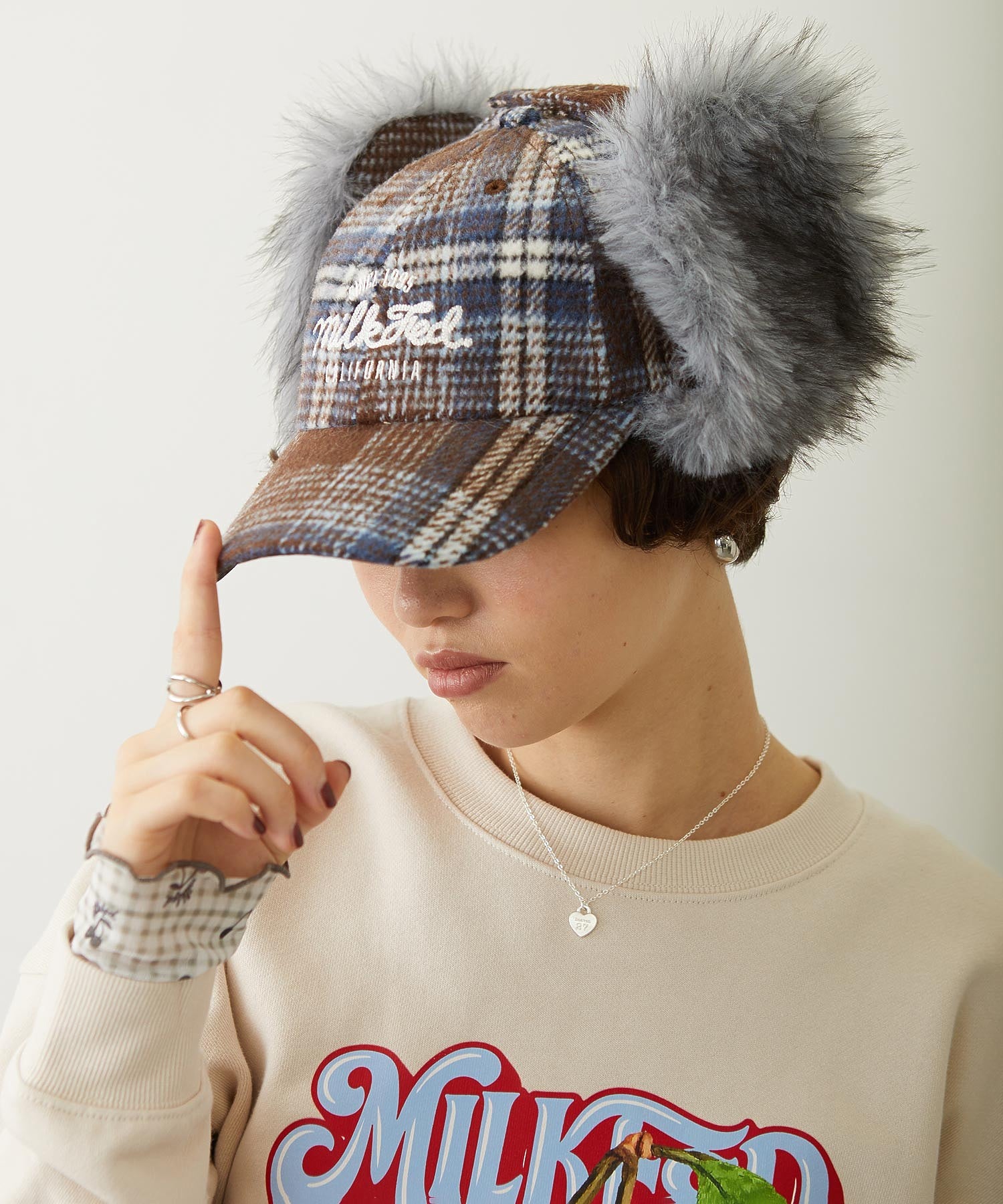PLAID PATTERN FUR EAR FLAP