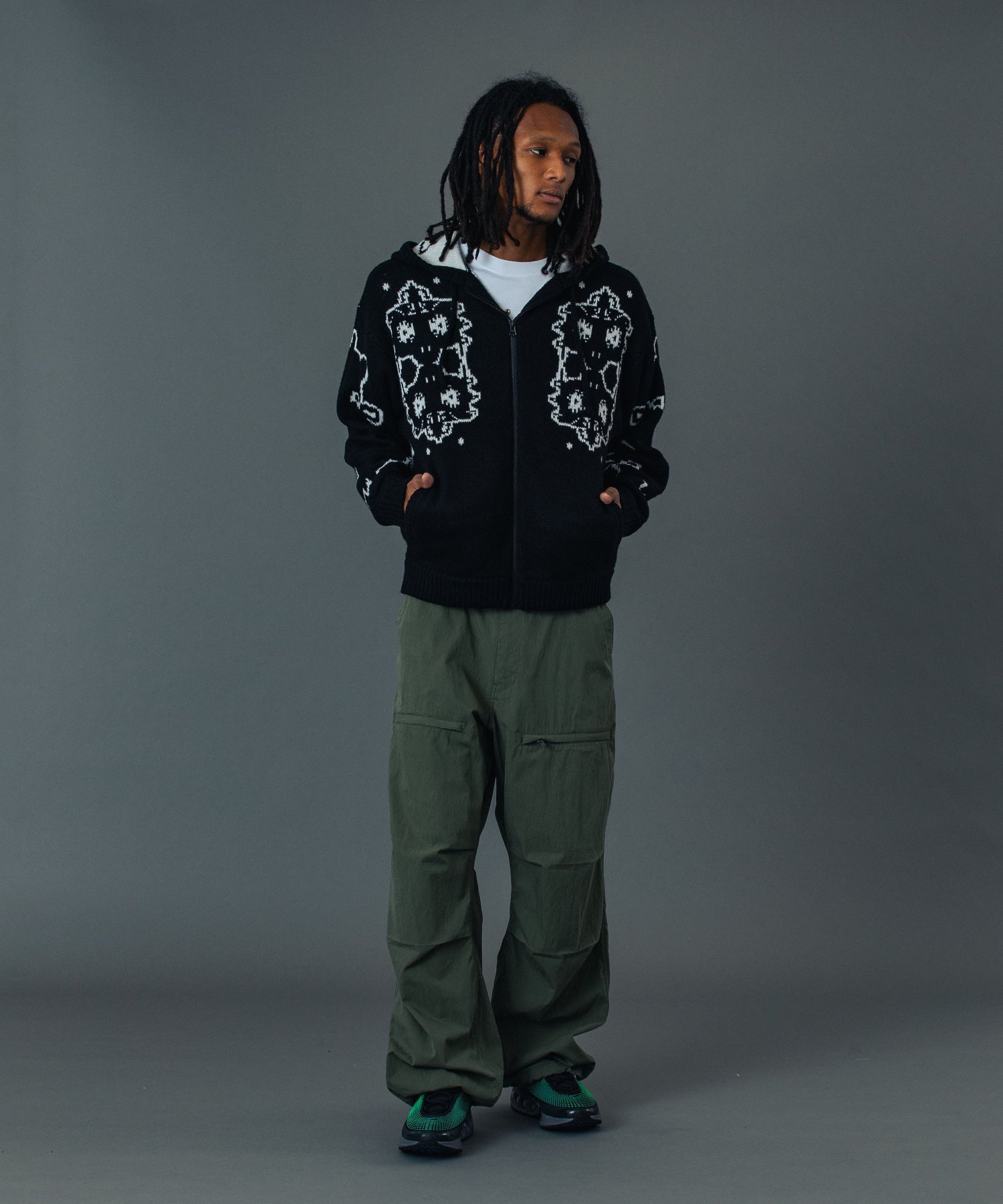 JACQUARD FUZZY ZIP UP HOODED SWEATER