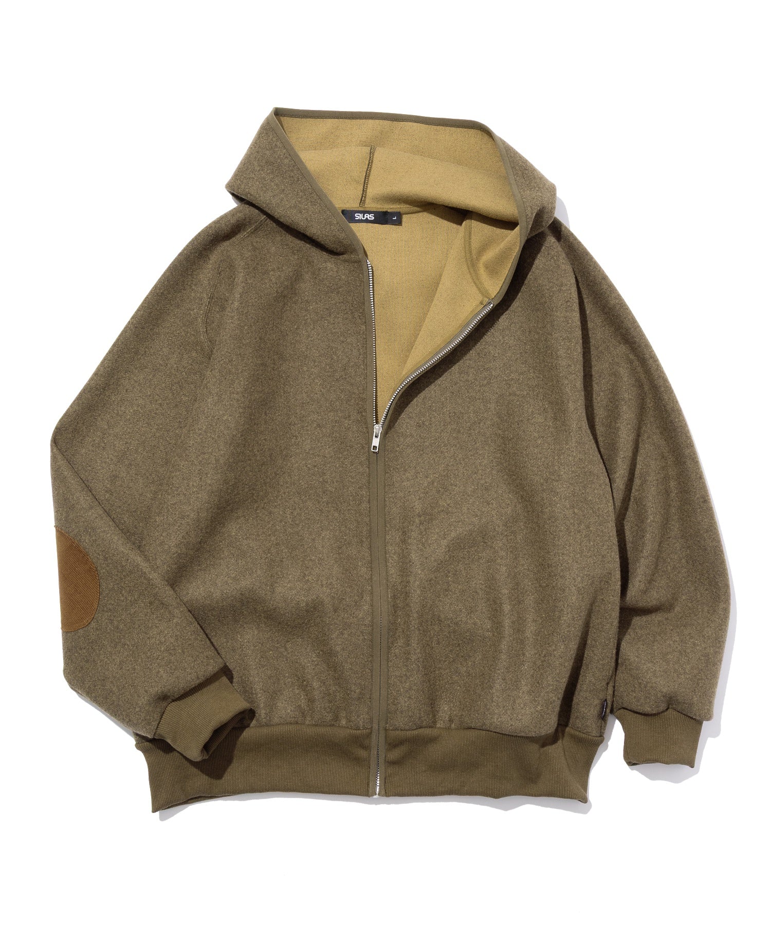 ELBOW PATCH ZIP OPEN SWEATSHIRT