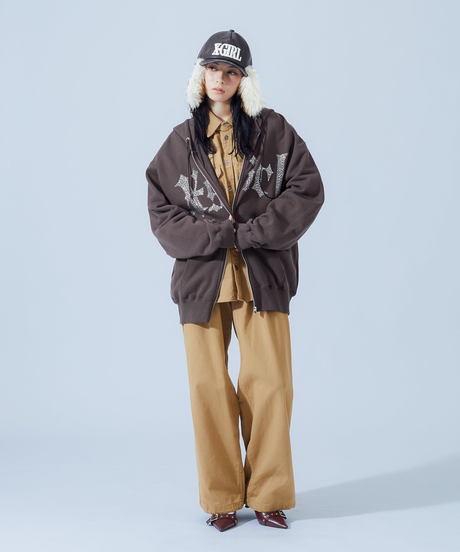 RHINESTONE BLACKLETTER LOGO ZIP UP SWEAT HOODIE